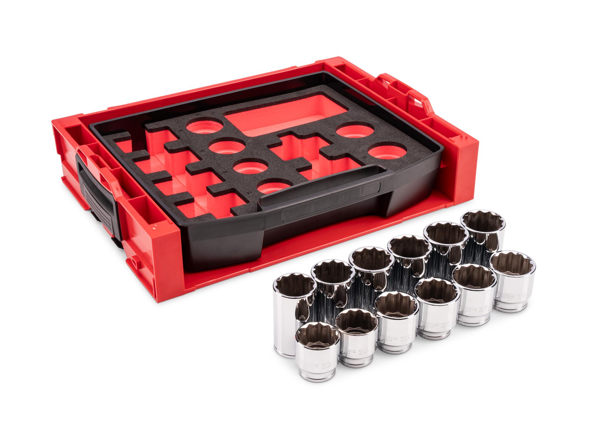 Laid out contents of Tekton hand drive 12-point socket set. Item #SHD92709