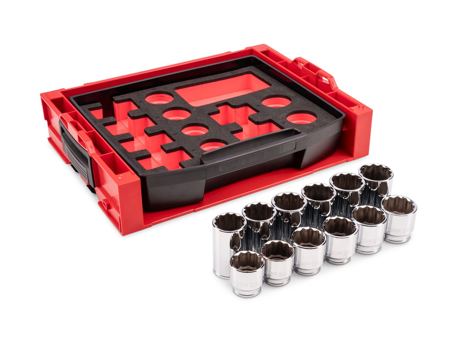 TEKTON 1/2 Inch Drive Shallow and Deep 12-Point Socket Set with Open Top Drawer and Rack, 12-Piece (33 - 38 mm)