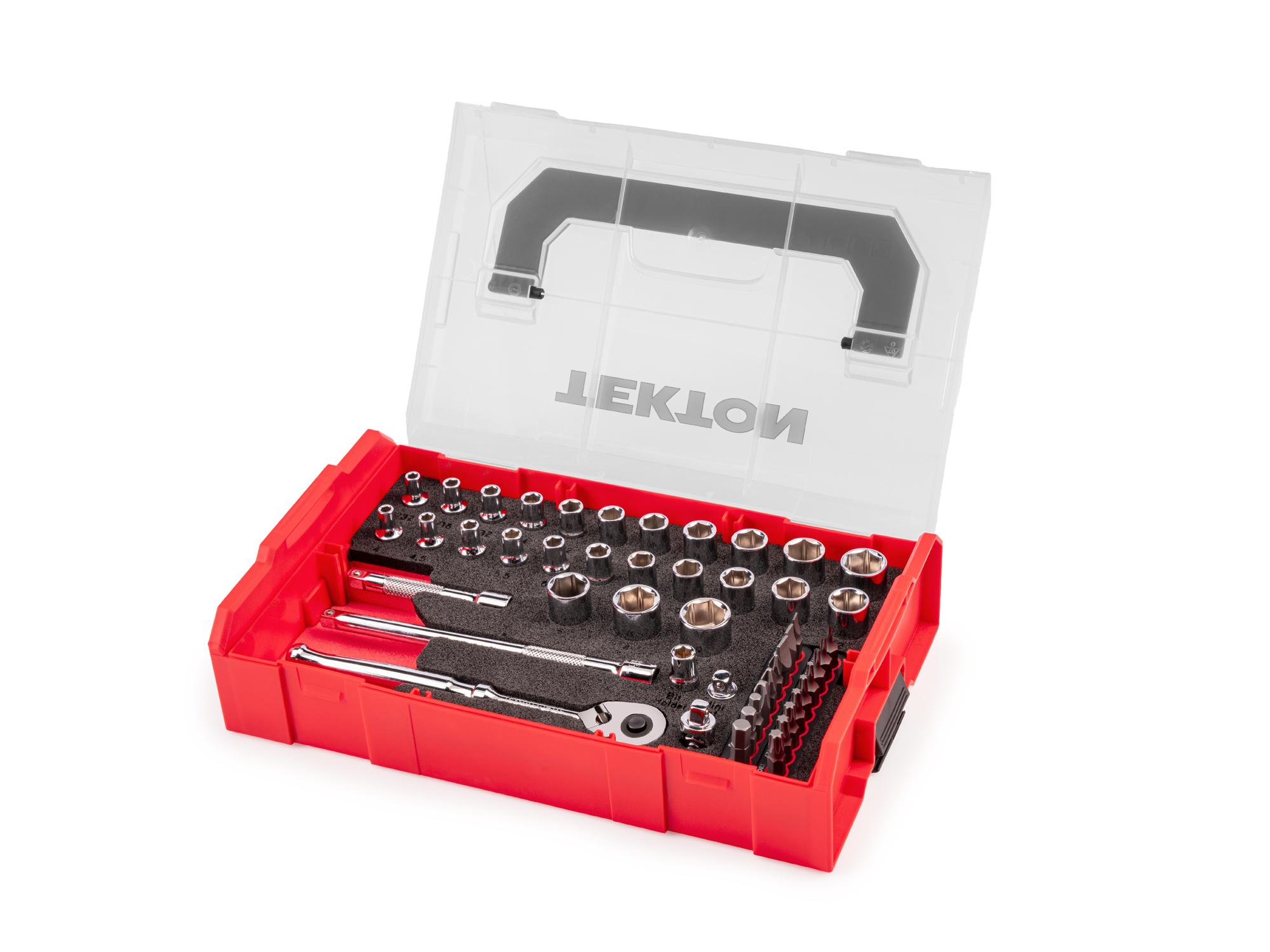 Front-right angle view of Tekton hand drive 6-point socket set. Item #SKT06300