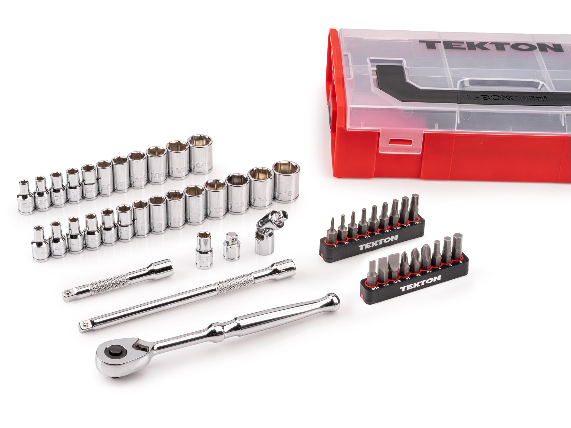 Laid out contents of Tekton hand drive 6-point socket set. Item #SKT06300