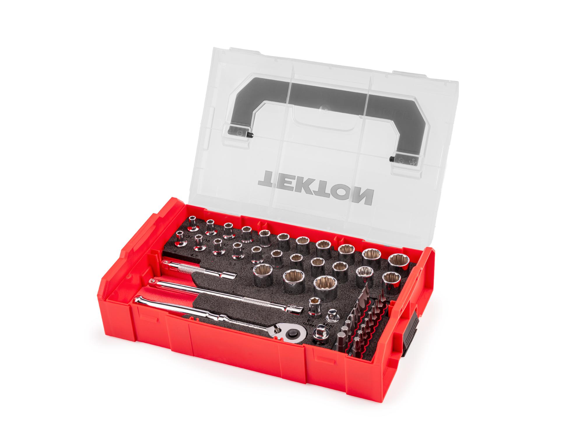 Front-right angle view of Tekton hand drive 12-point socket set. Item #SKT06301