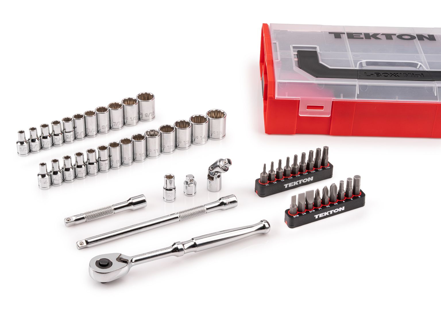 TEKTON 1/4 Inch Drive 12-Point Socket, Bit, and Ratchet Set with Mini Stacking Tool Box (49-Piece)