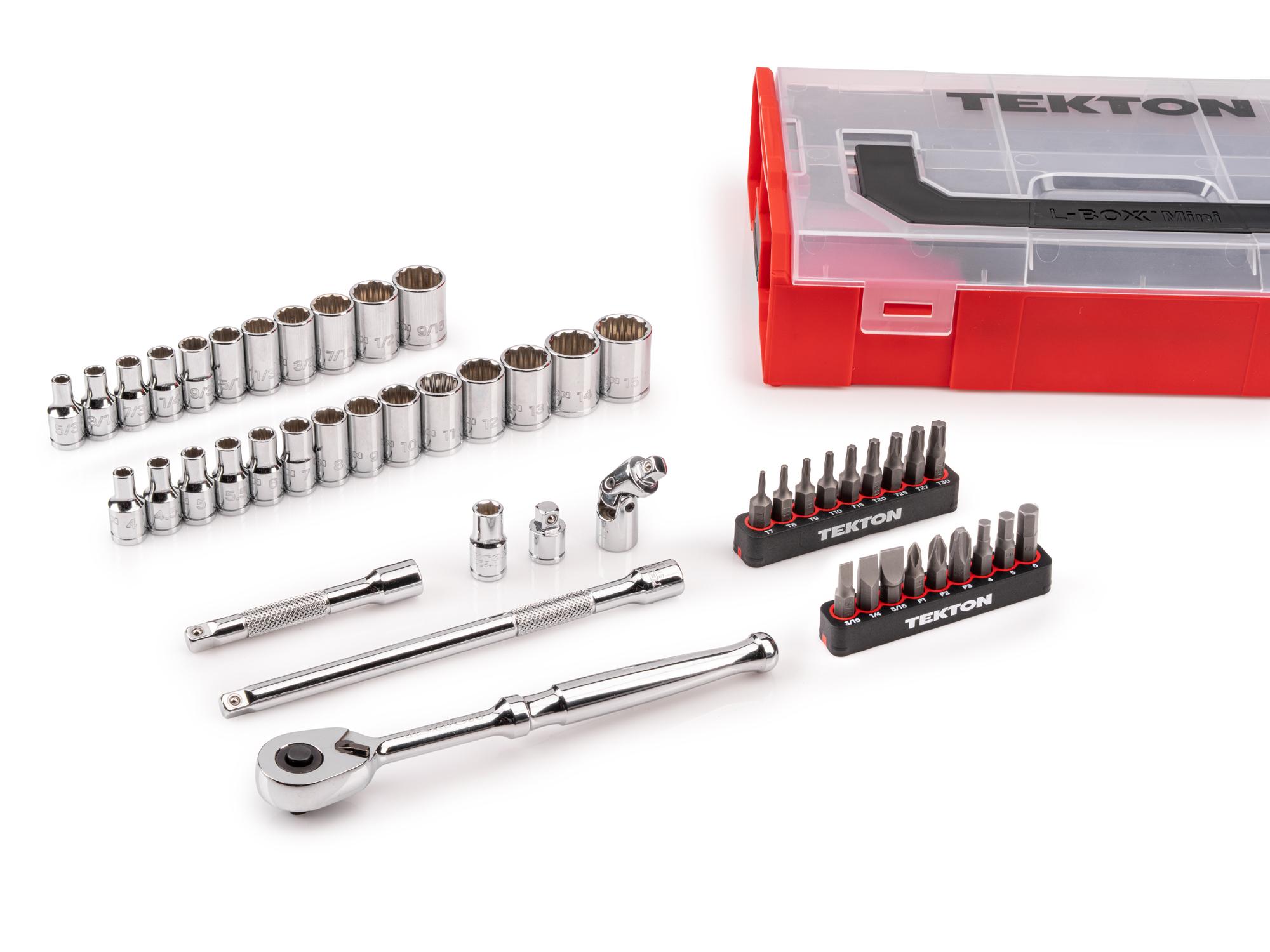 Laid out contents of Tekton hand drive 12-point socket set. Item #SKT06301
