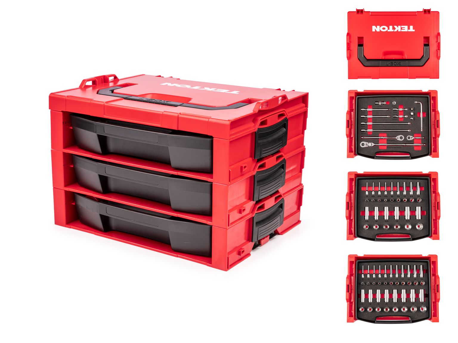 3/8 Inch Drive Shallow and Deep 6-Point Socket and Ratchet Set in Modular Stacking Tool Box (83-Piece)