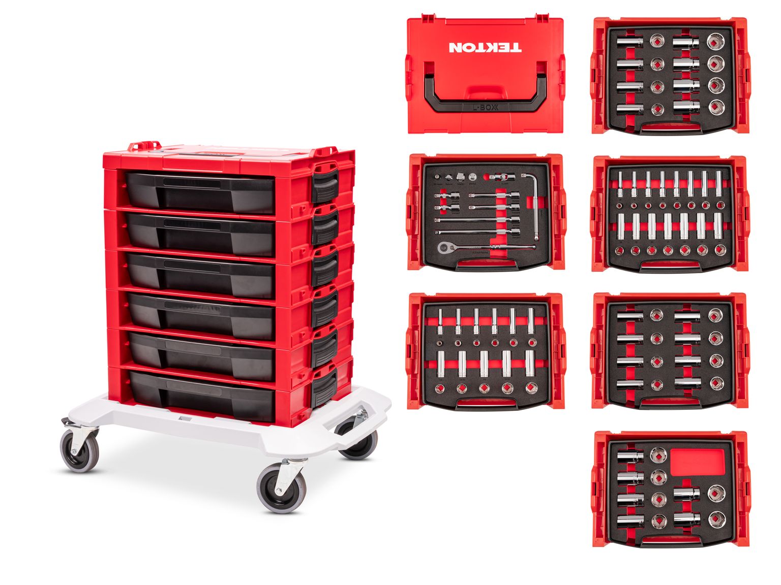 1/2 Inch Drive Shallow and Deep 6-Point Socket and Ratchet Set in Modular Stacking Tool Cart (109-Piece)