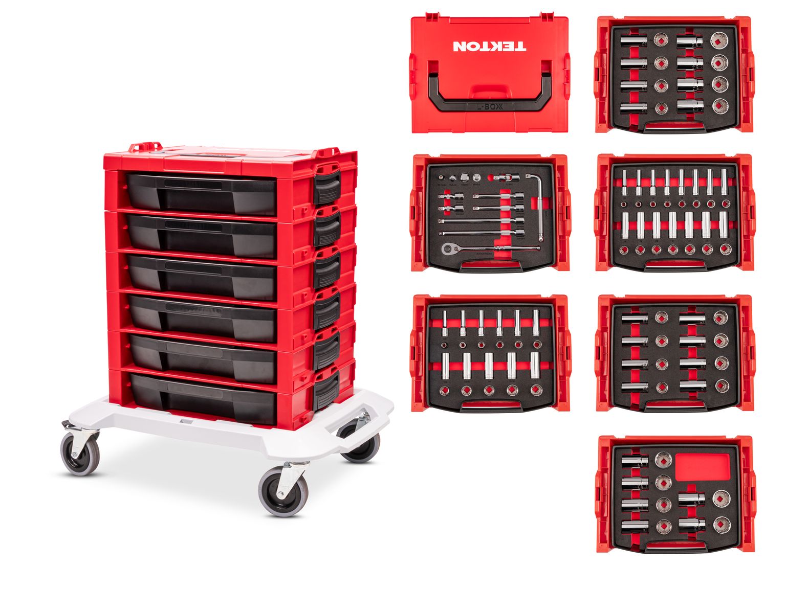 Front-right angle view of Tekton stacking organization system set. Item #SKT26301
