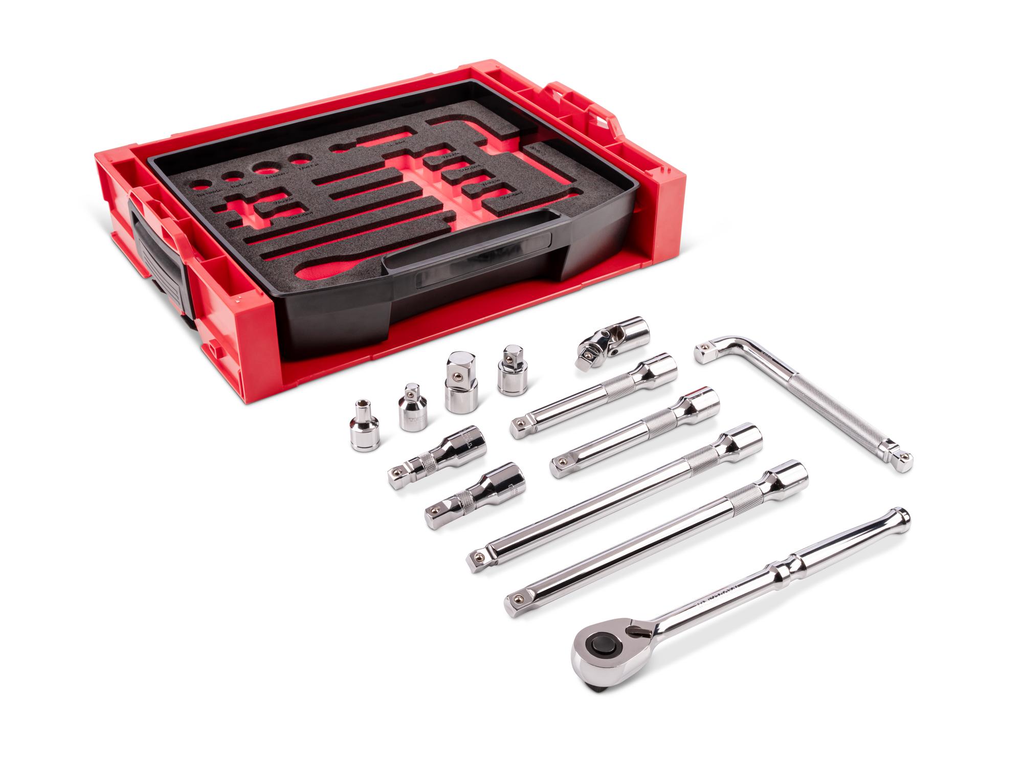 Laid out contents of Tekton hand drive accessory set. Item #SKT26400