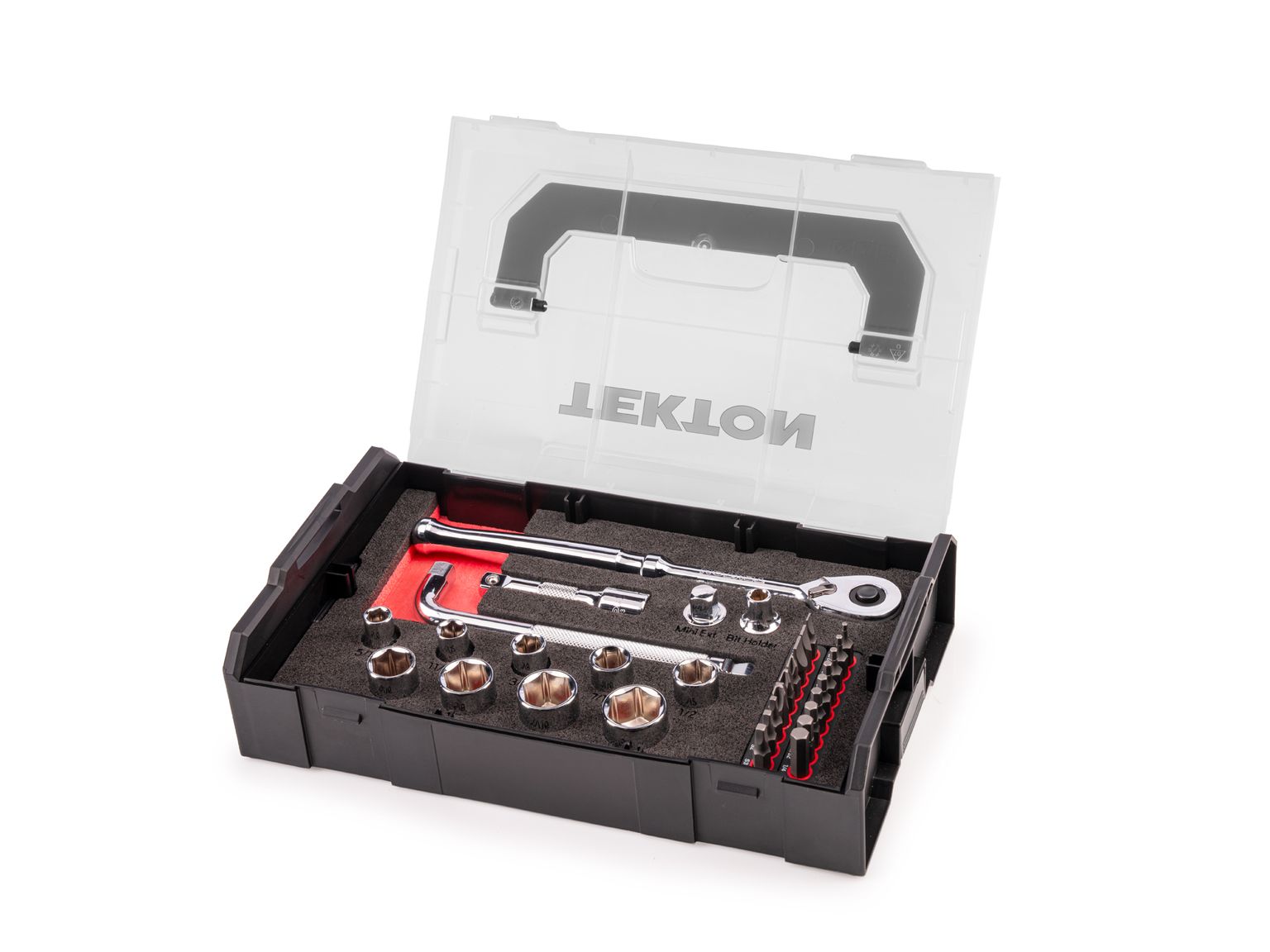 TEKTON 3/8 Inch Drive 6-Point Socket, Bit, and Ratchet Set with Mini Stacking Tool Box (32-Piece)