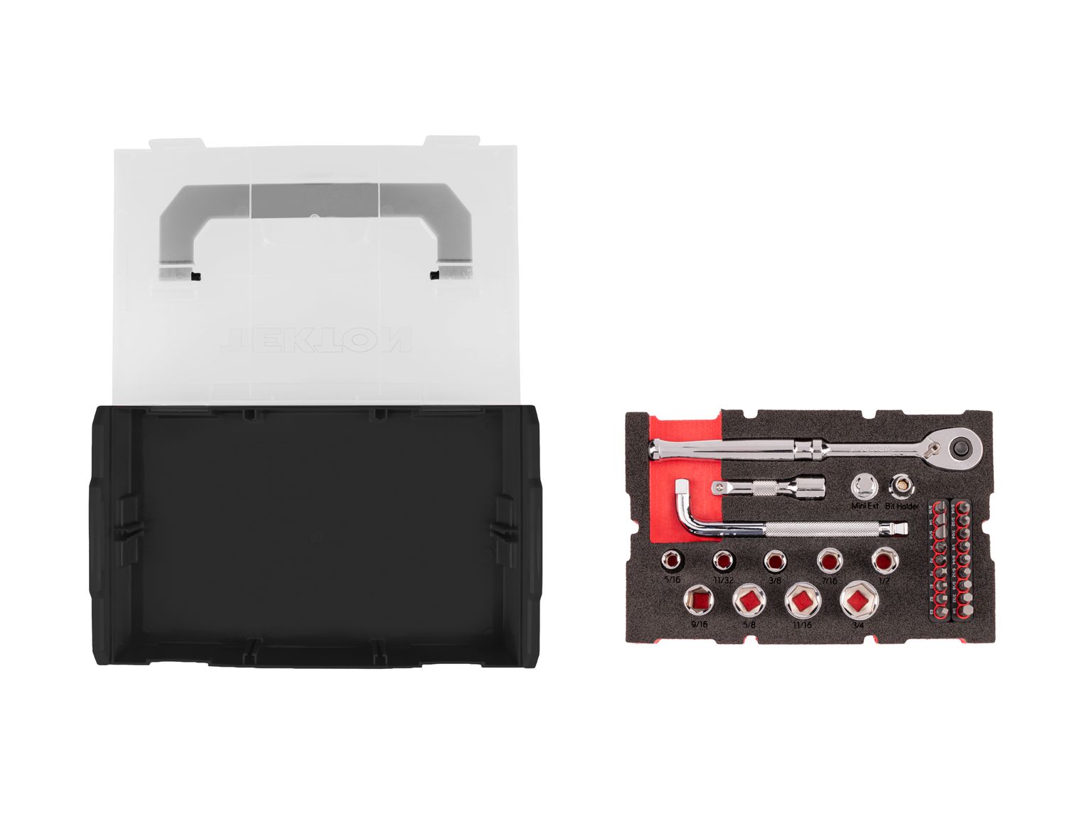TEKTON 3/8 Inch Drive 6-Point Socket, Bit, and Ratchet Set with Mini Stacking Tool Box (32-Piece)