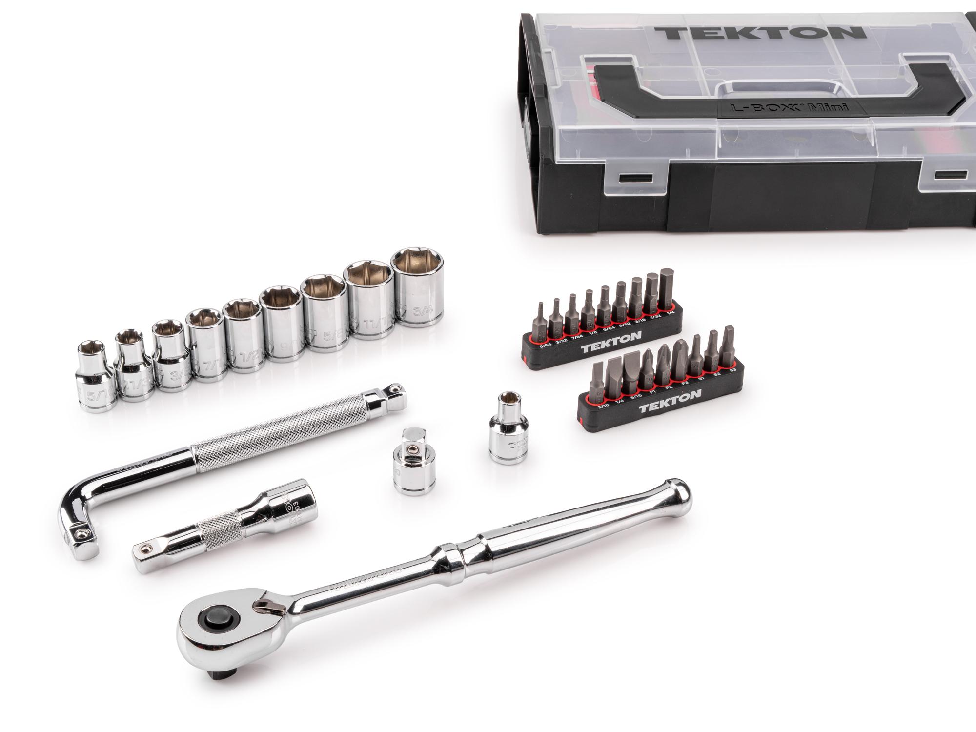 Laid out contents of Tekton hand drive 6-point socket set. Item #SKT96100