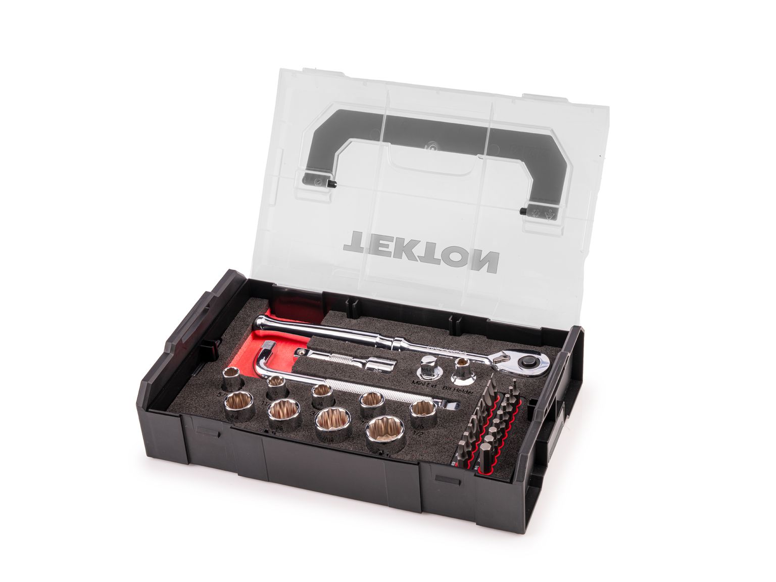 TEKTON 3/8 Inch Drive 12-Point Socket, Bit, and Ratchet Set with Mini Stacking Tool Box (32-Piece)
