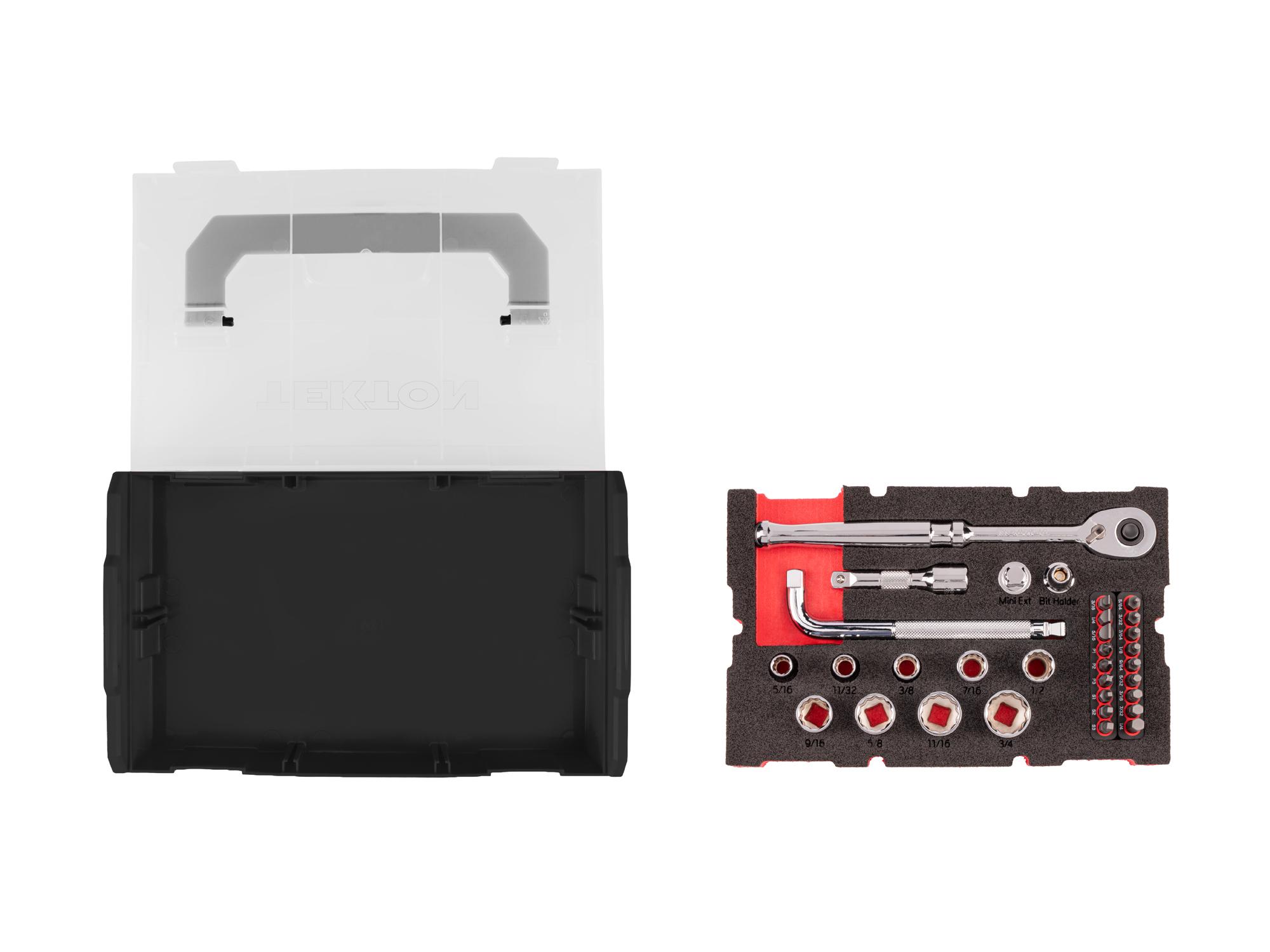 Laid out contents of Tekton hand drive 12-point socket set. Item #SKT96101