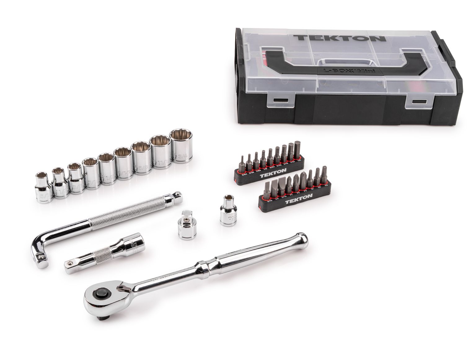 TEKTON 3/8 Inch Drive 12-Point Socket, Bit, and Ratchet Set with Mini Stacking Tool Box (32-Piece)