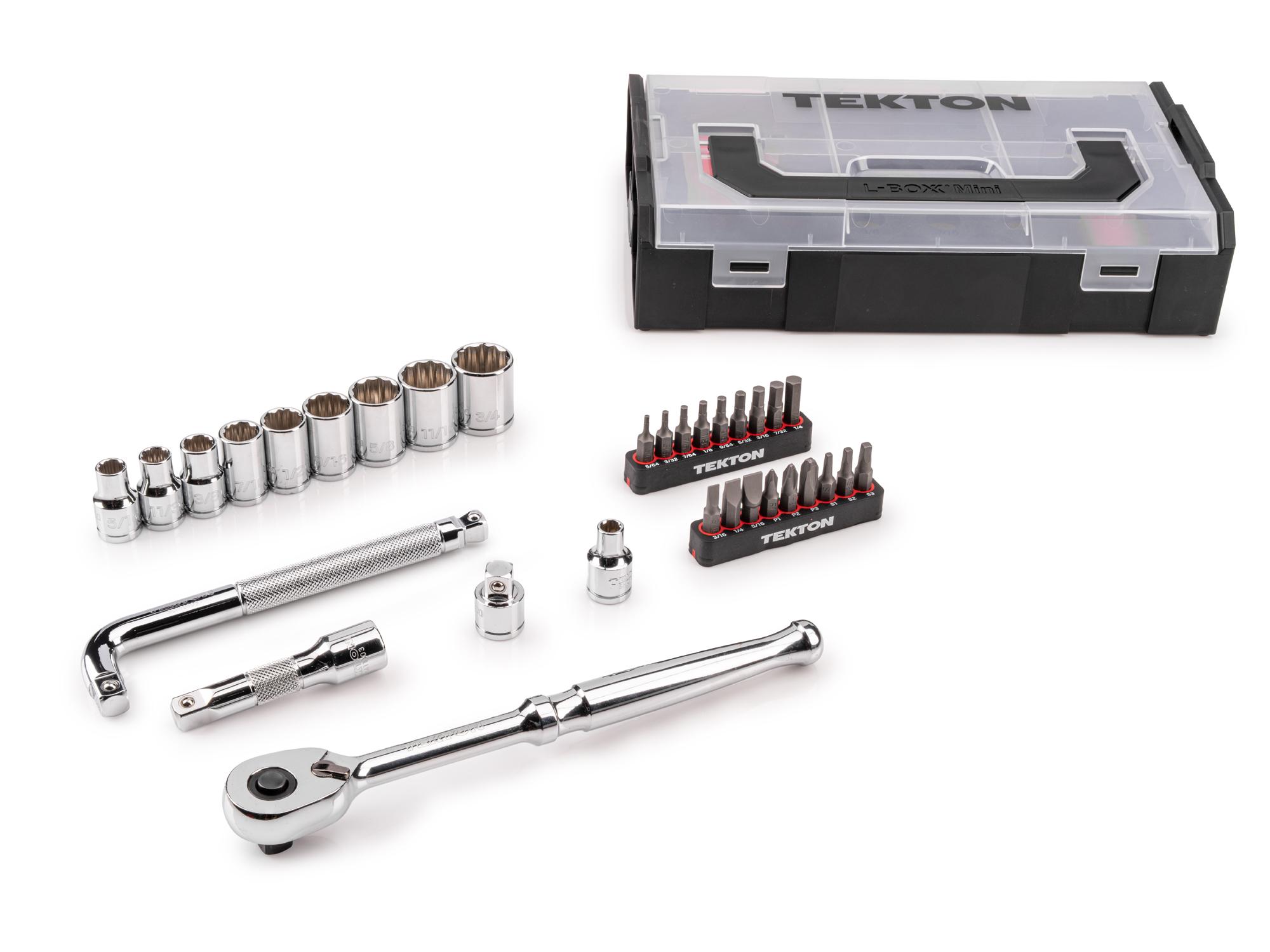 Laid out contents of Tekton hand drive 12-point socket set. Item #SKT96101