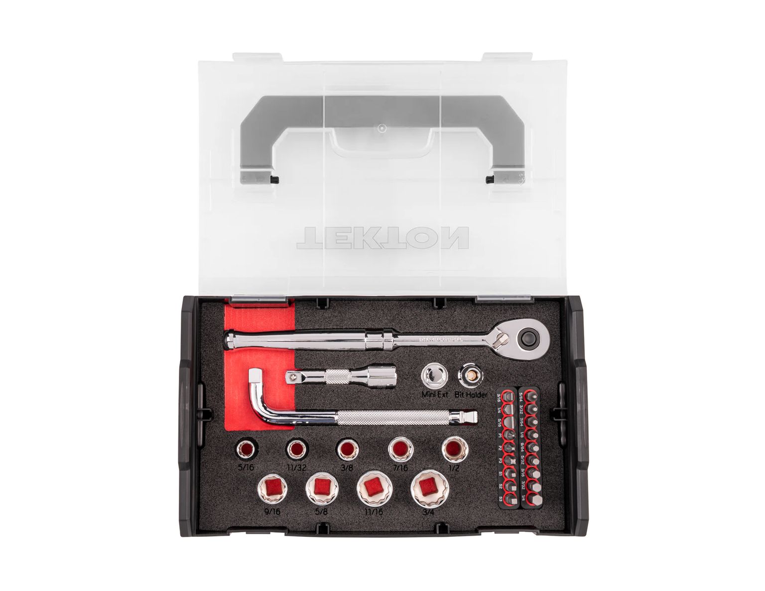 TEKTON 3/8 Inch Drive 12-Point Socket, Bit, and Ratchet Set with Mini Stacking Tool Box (32-Piece)