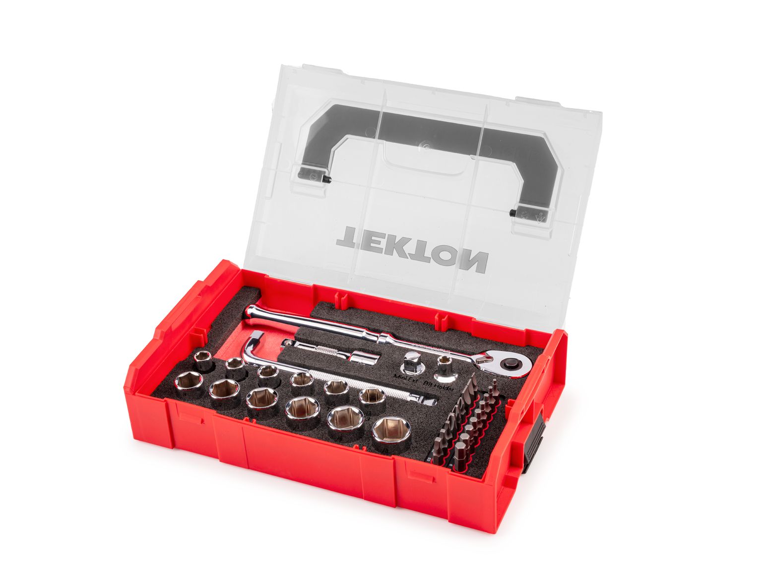 TEKTON 3/8 Inch Drive 6-Point Socket, Bit, and Ratchet Set with Mini Stacking Tool Box (35-Piece)