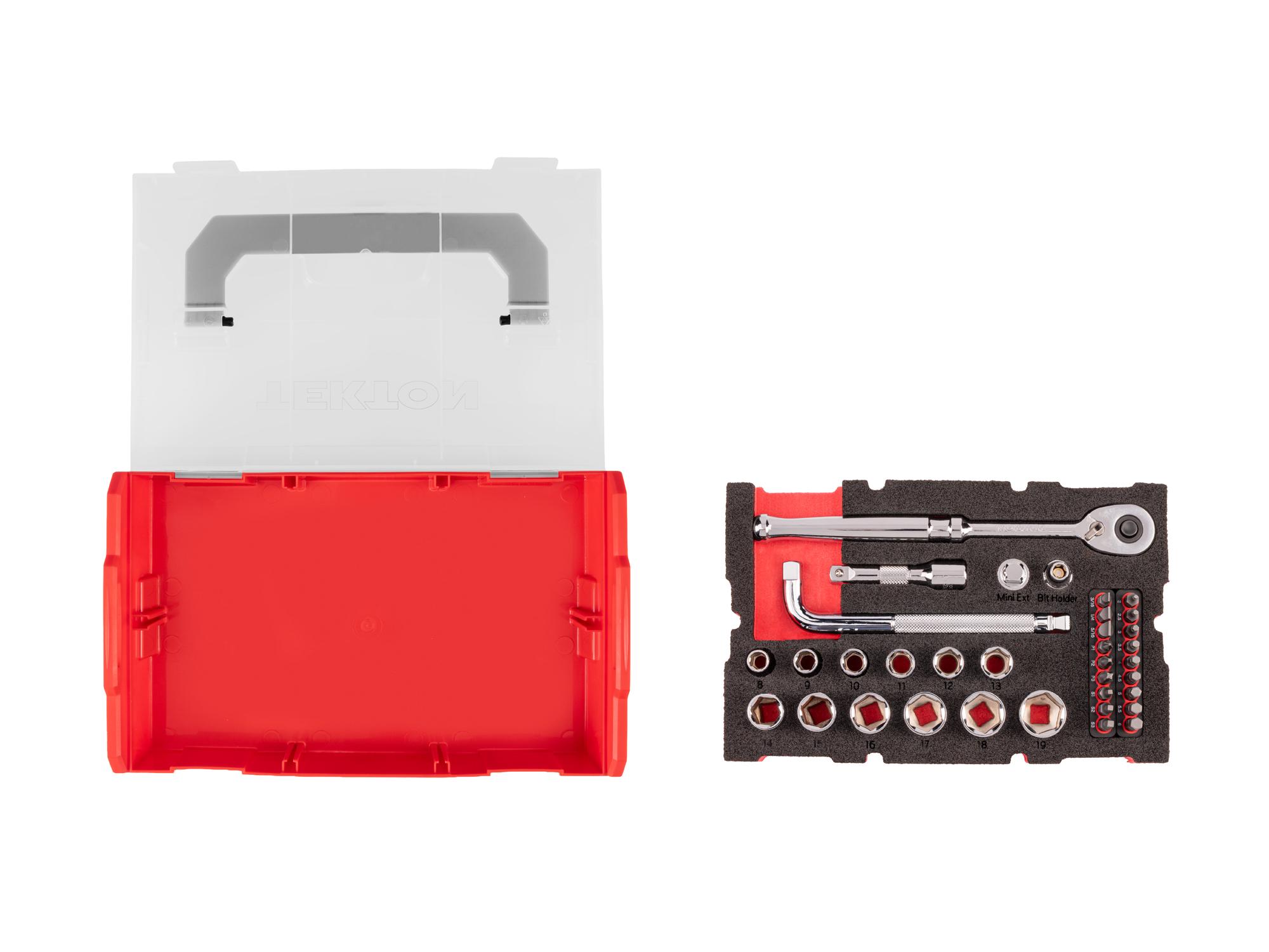 Laid out contents of Tekton hand drive 6-point socket set. Item #SKT96200