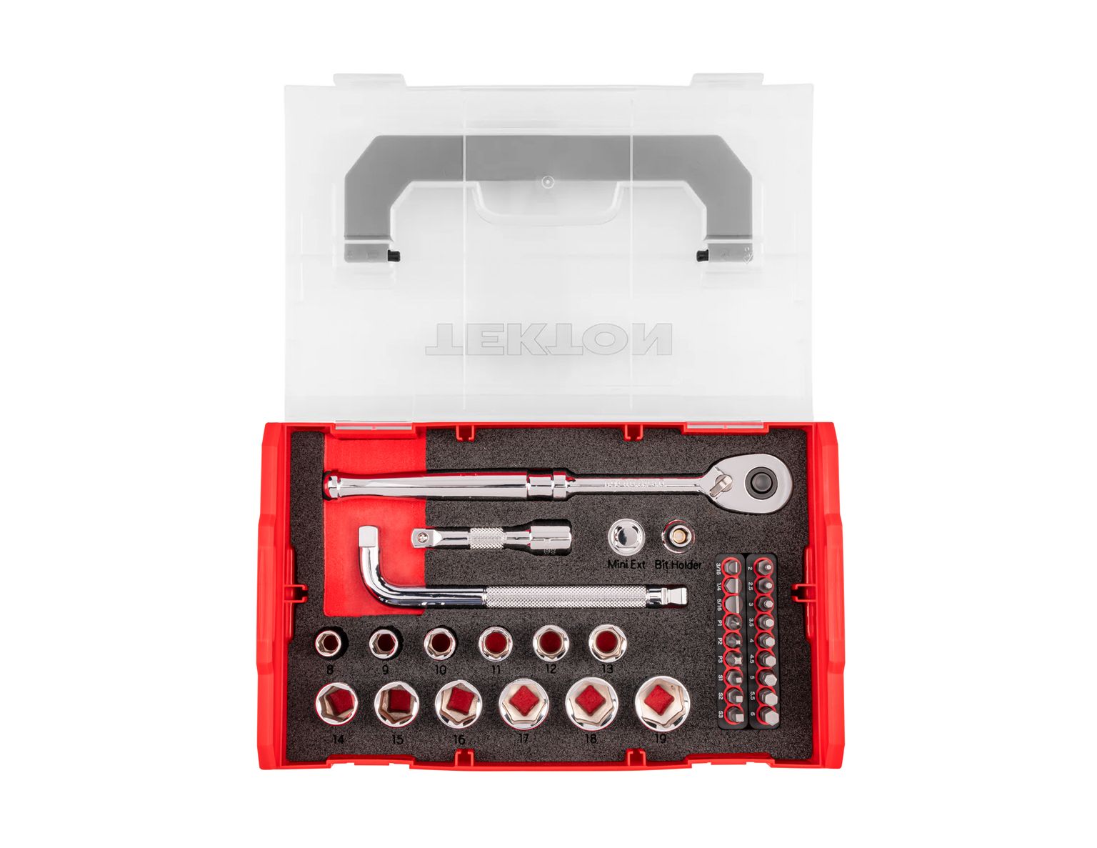 TEKTON 3/8 Inch Drive 6-Point Socket, Bit, and Ratchet Set with Mini Stacking Tool Box (35-Piece)