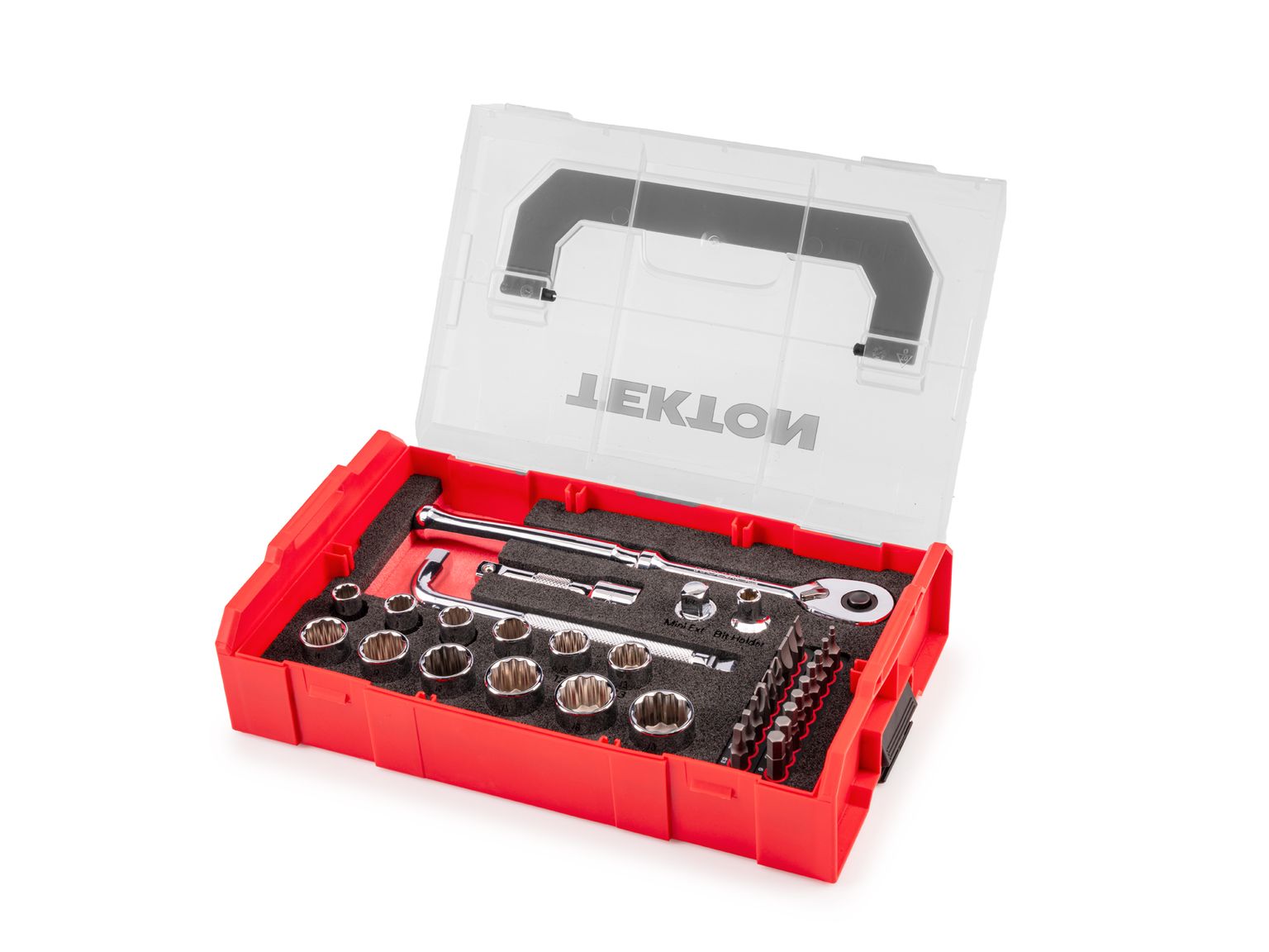 TEKTON 3/8 Inch Drive 12-Point Socket, Bit, and Ratchet Set with Mini Stacking Tool Box (35-Piece)