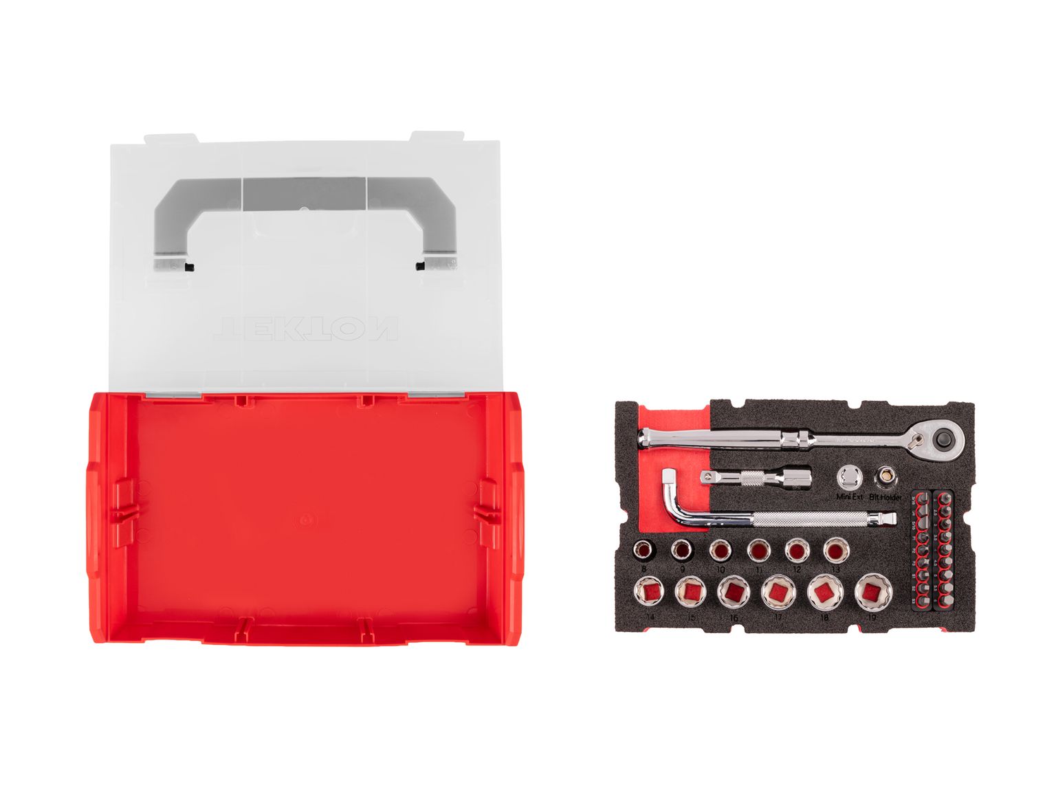 TEKTON 3/8 Inch Drive 12-Point Socket, Bit, and Ratchet Set with Mini Stacking Tool Box (35-Piece)