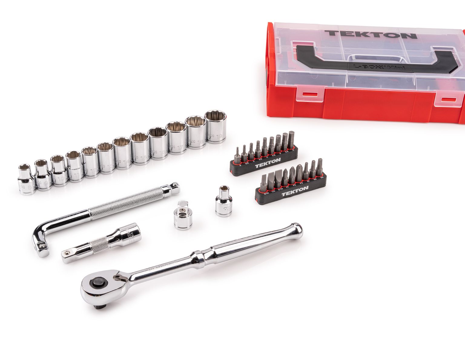 TEKTON 3/8 Inch Drive 12-Point Socket, Bit, and Ratchet Set with Mini Stacking Tool Box (35-Piece)