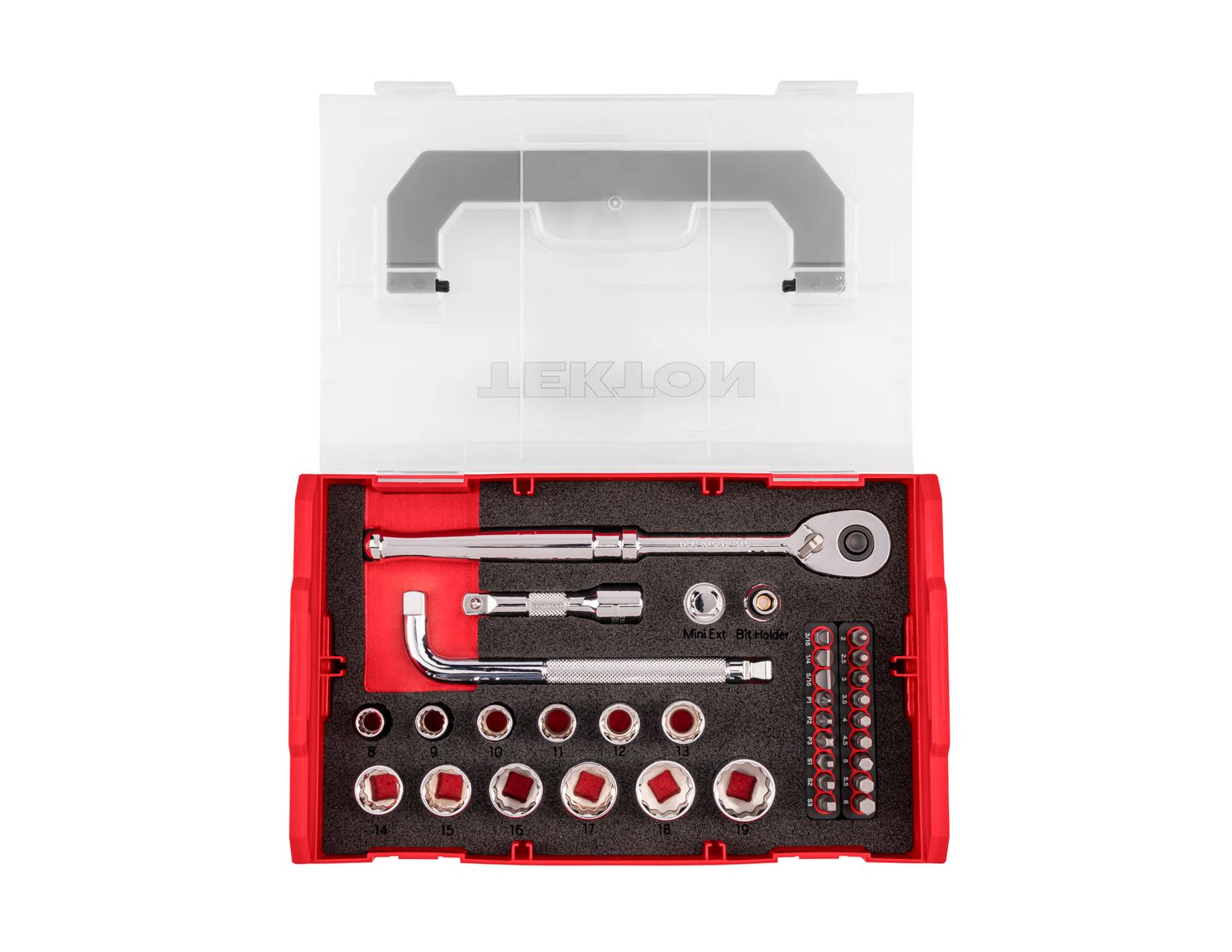 TEKTON 3/8 Inch Drive 12-Point Socket, Bit, and Ratchet Set with Mini Stacking Tool Box (35-Piece)