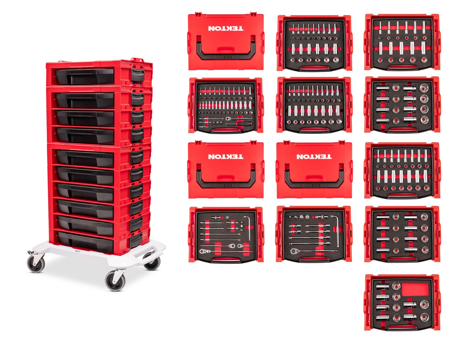 1/4,  3/8, 1/2 Inch Drive Shallow and Deep 6-Point Socket and Ratchet Set in Modular Stacking Tool Cart (250-Piece)