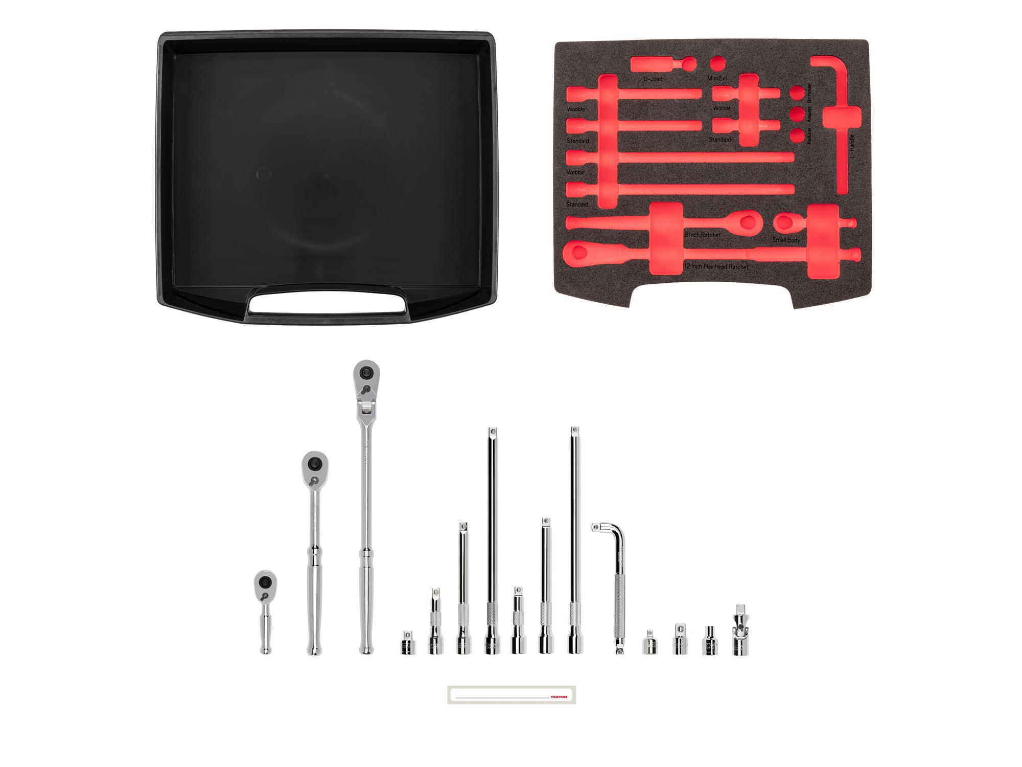 Laid out contents of Tekton hand drive accessory set. Item #SKT96401