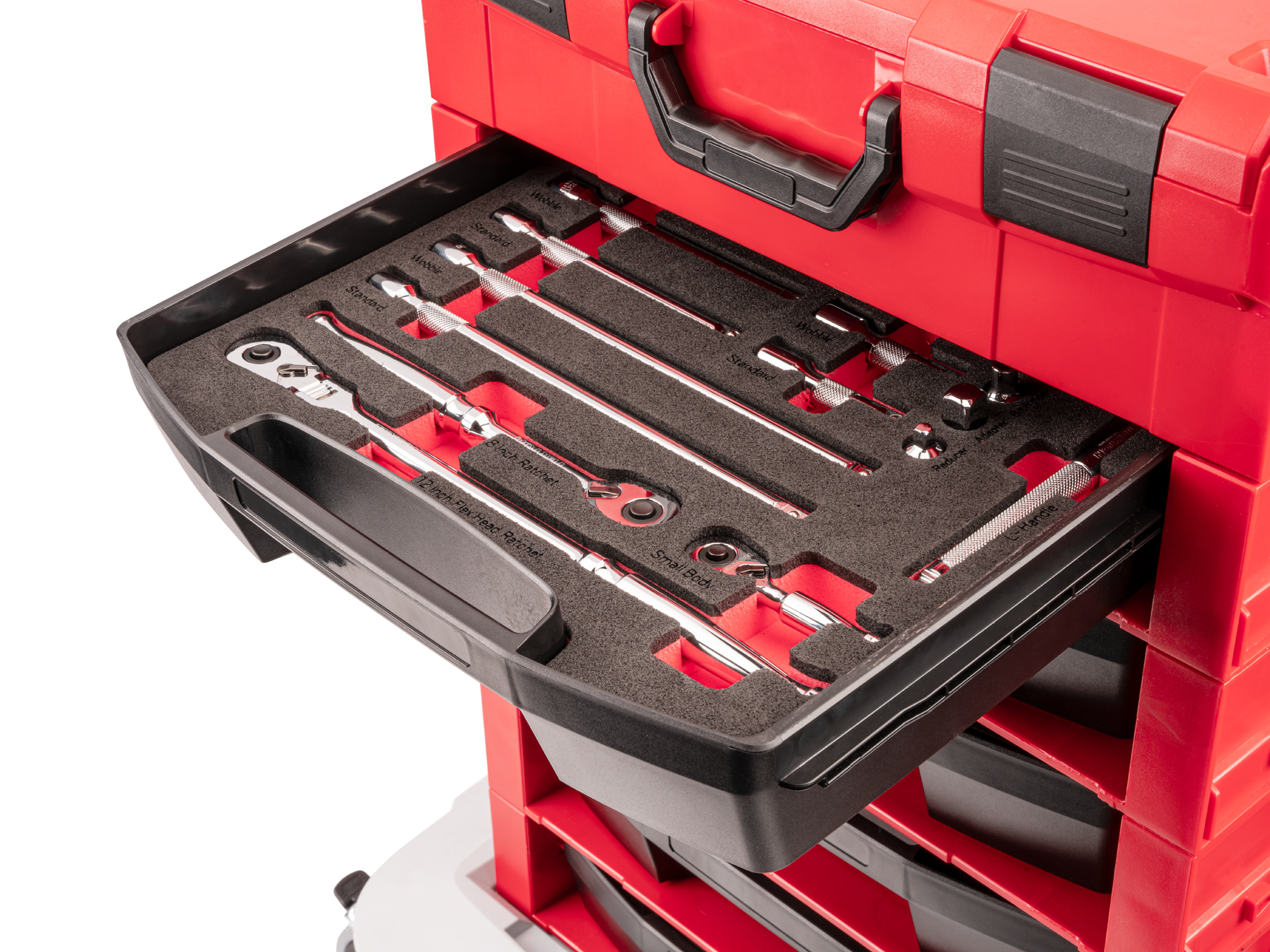 TEKTON 3/8 Inch Drive Ratchet and Accessories Set with Open Top Drawer and Rack (15-Piece)