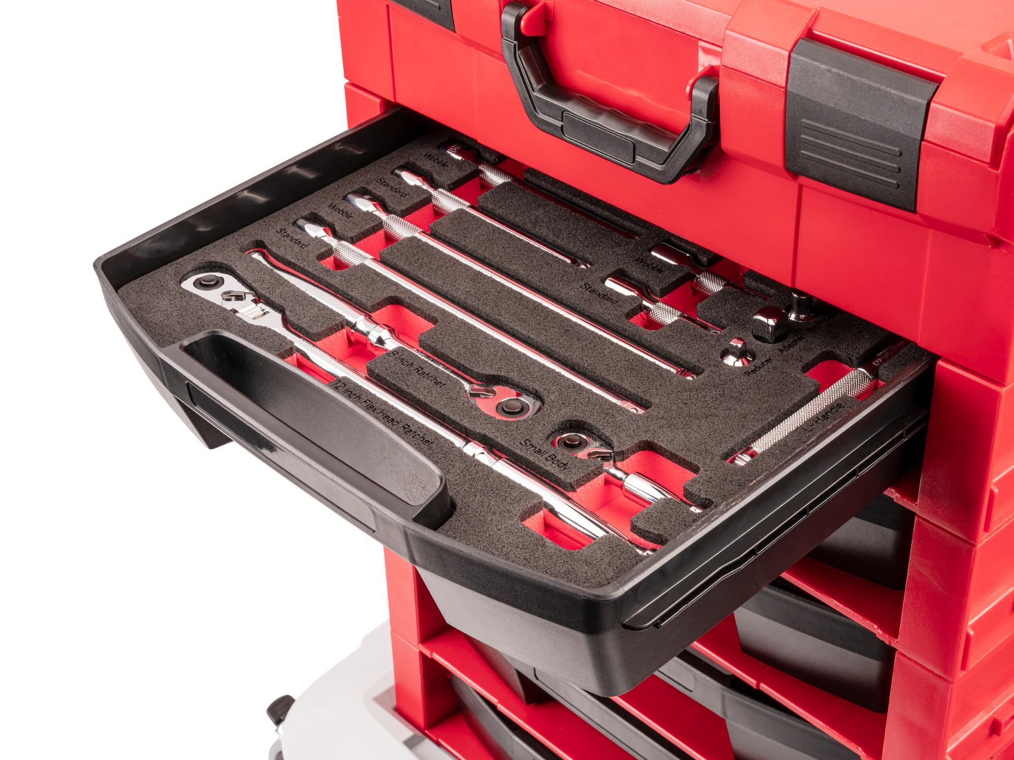 Front angled view of Tekton hand drive accessory set in a tool cabinet drawer. Item #SKT96401