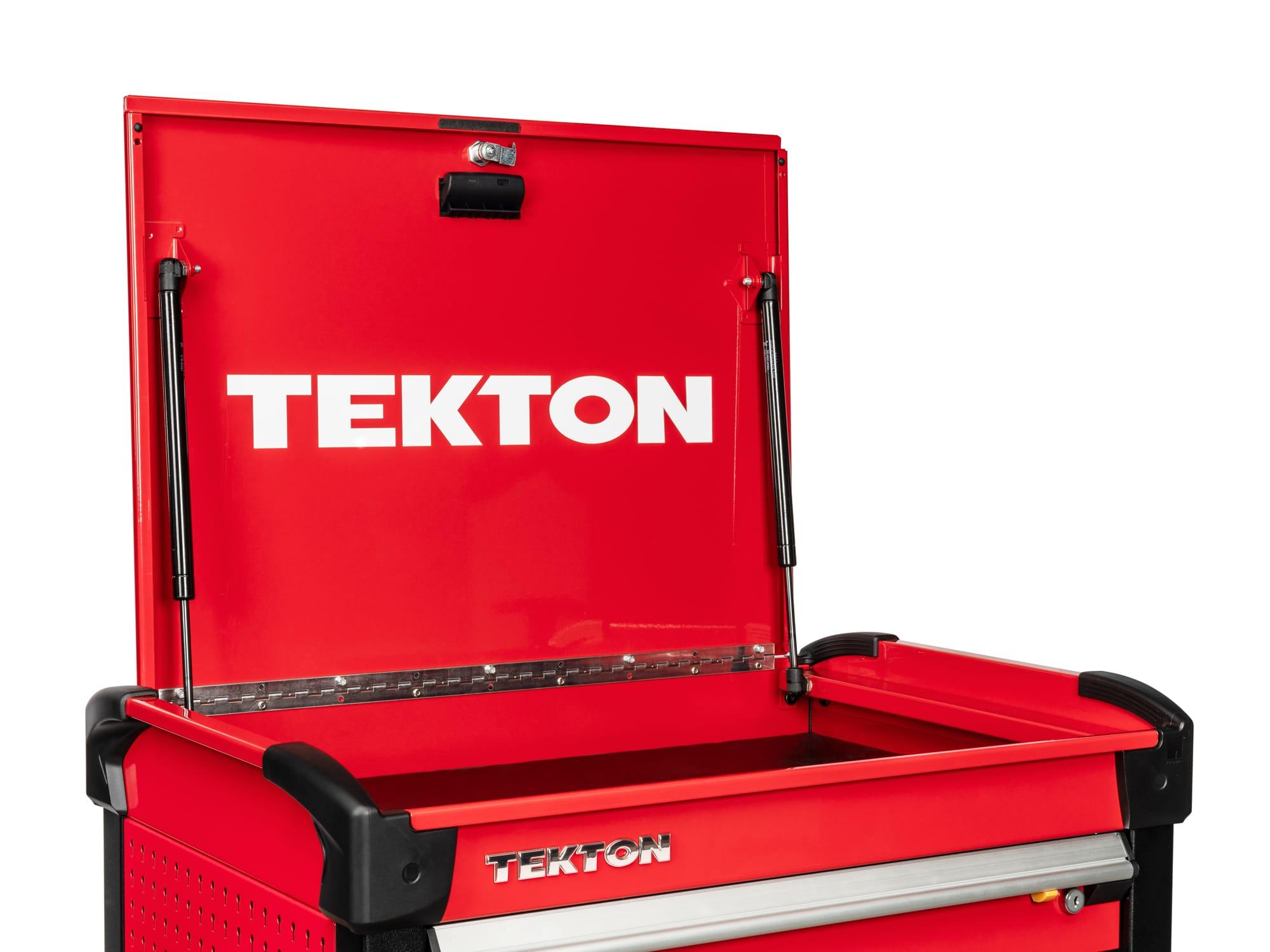 A red tool cart with a white Tekton logo sticker (Item #APG51002).