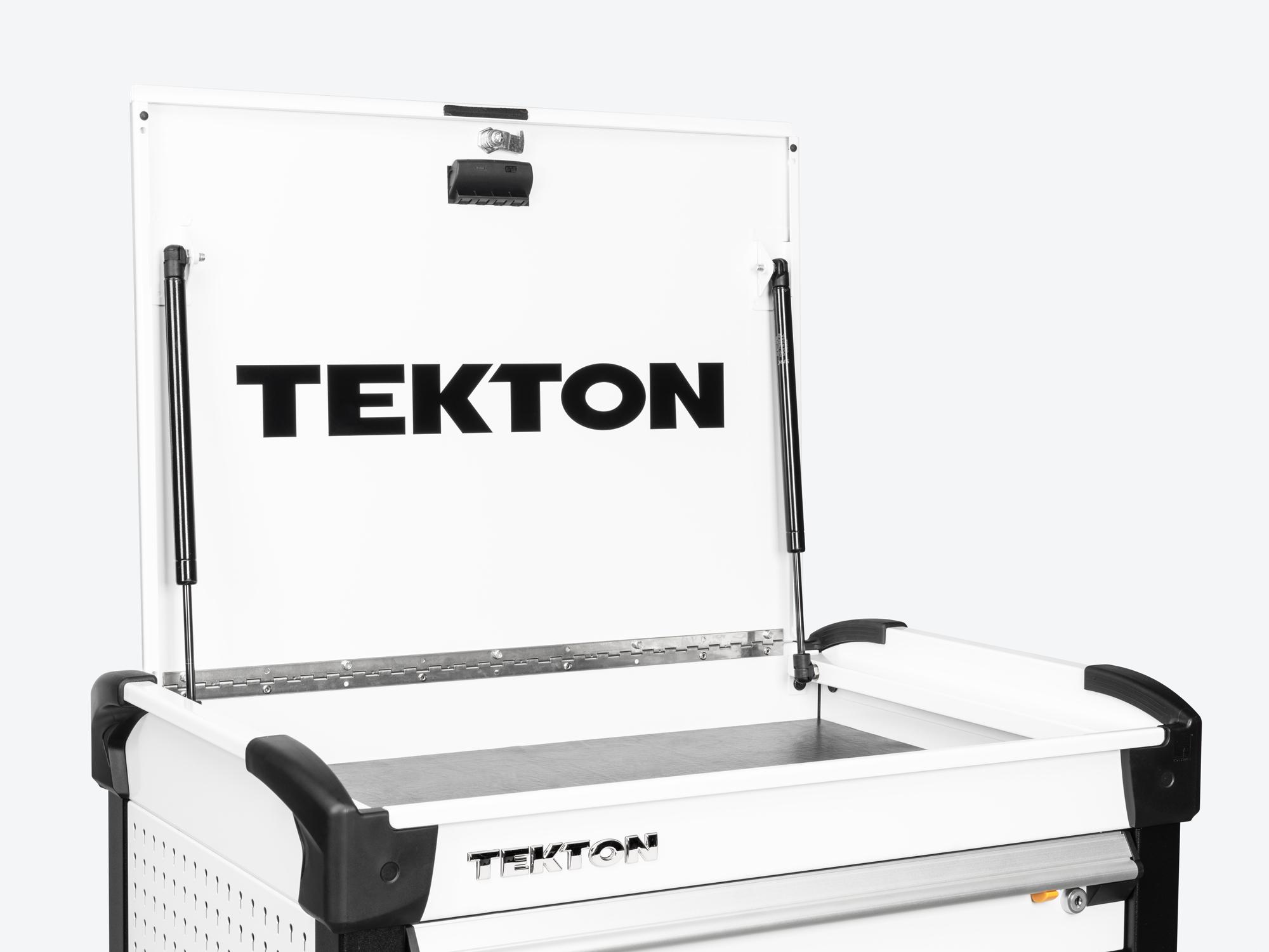 A black Tekton sticker (Item #APG51003) on a white tool cart.