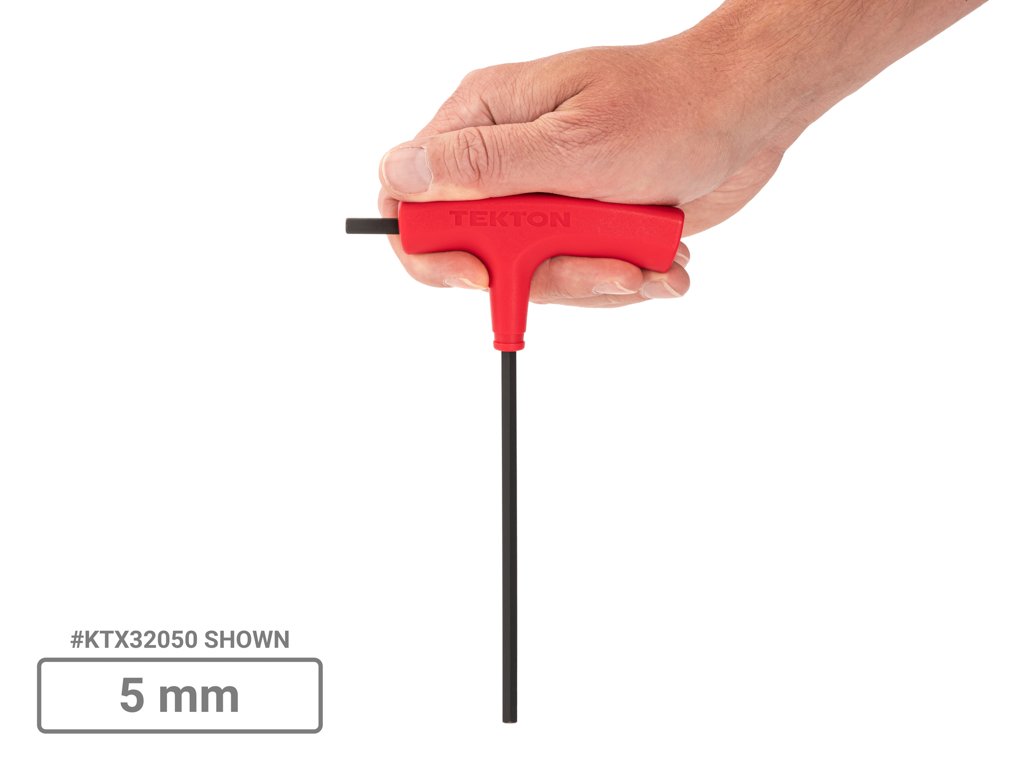 Size: 5 mm (metric) flat end hex T-handle key. Has side drive to break fasteners loose and long arm to spin them out. Large, comfortable molded handle. KTX32050.