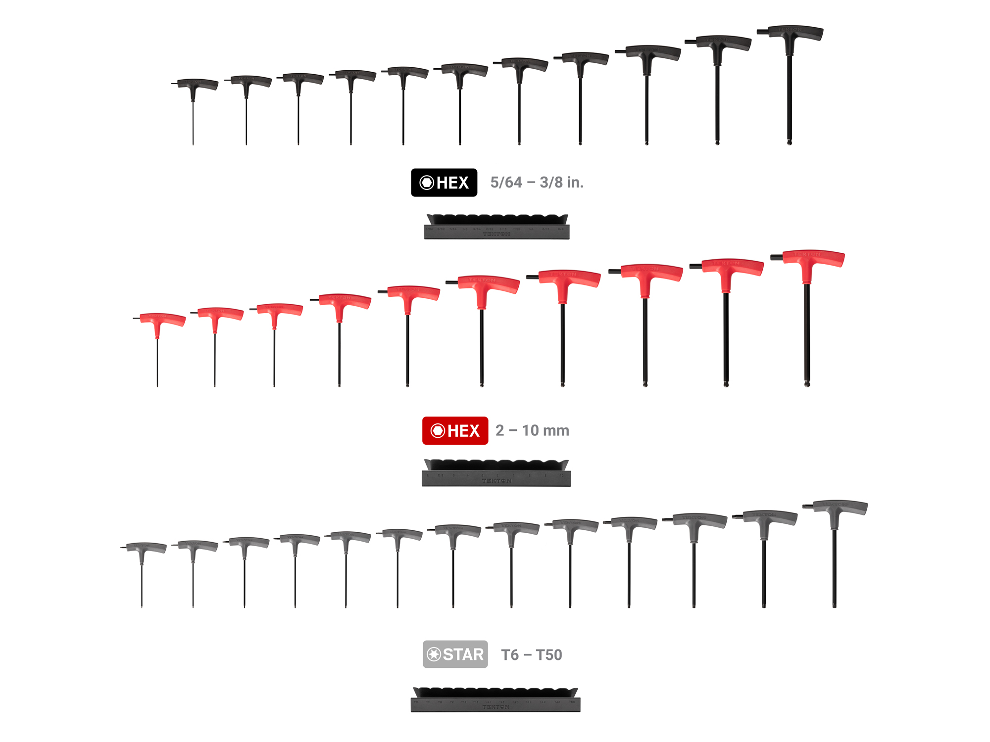 Set includes: 5/64-3/8 inch (SAE), 2-10 mm (metric), T6-T50 (star) ball end hex and star T-handle keys. Comes with custom metal stand. KEY92001.