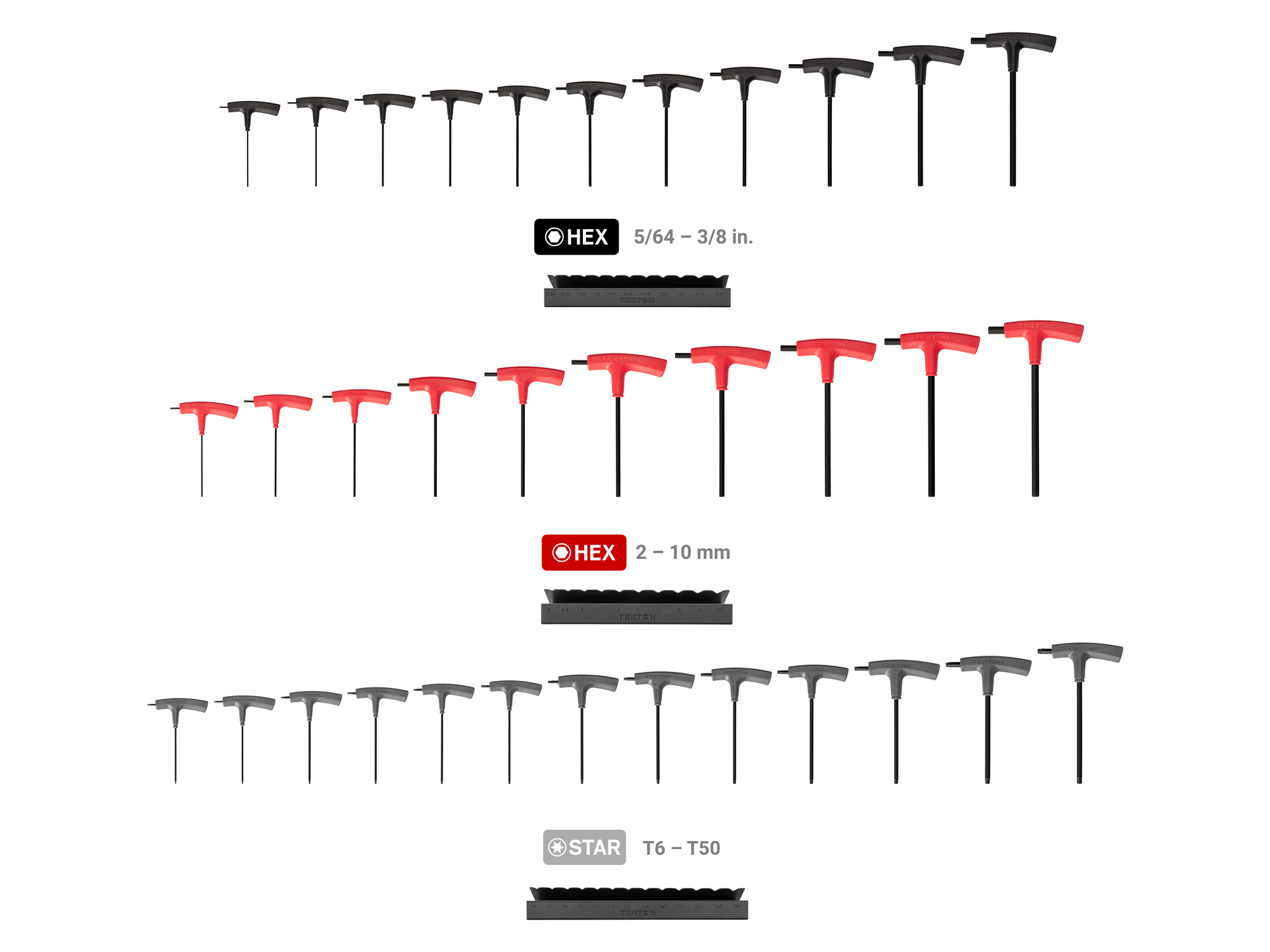 34-piece set includes 5/64–3/8 inch (SAE), 2–10 mm (metric), and T6–T50 (star) flat end hex and star T-handle keys. Comes with custom metal stands. KEY92002.