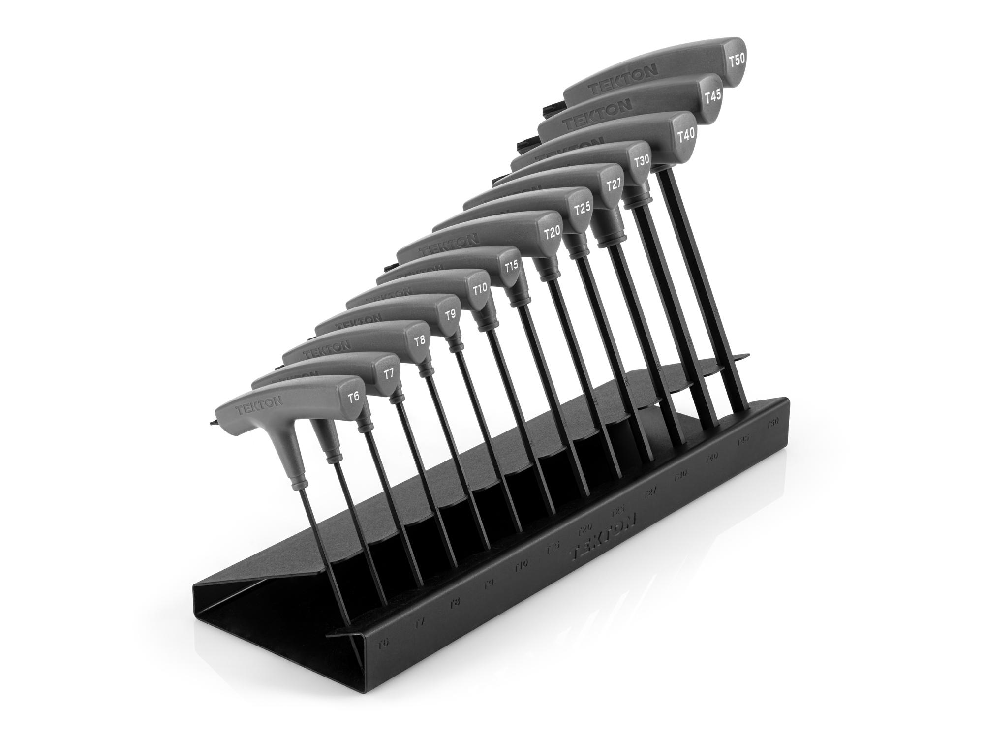 Front-right angle view of Tekton stand t-handle key set. Item #KTT92401