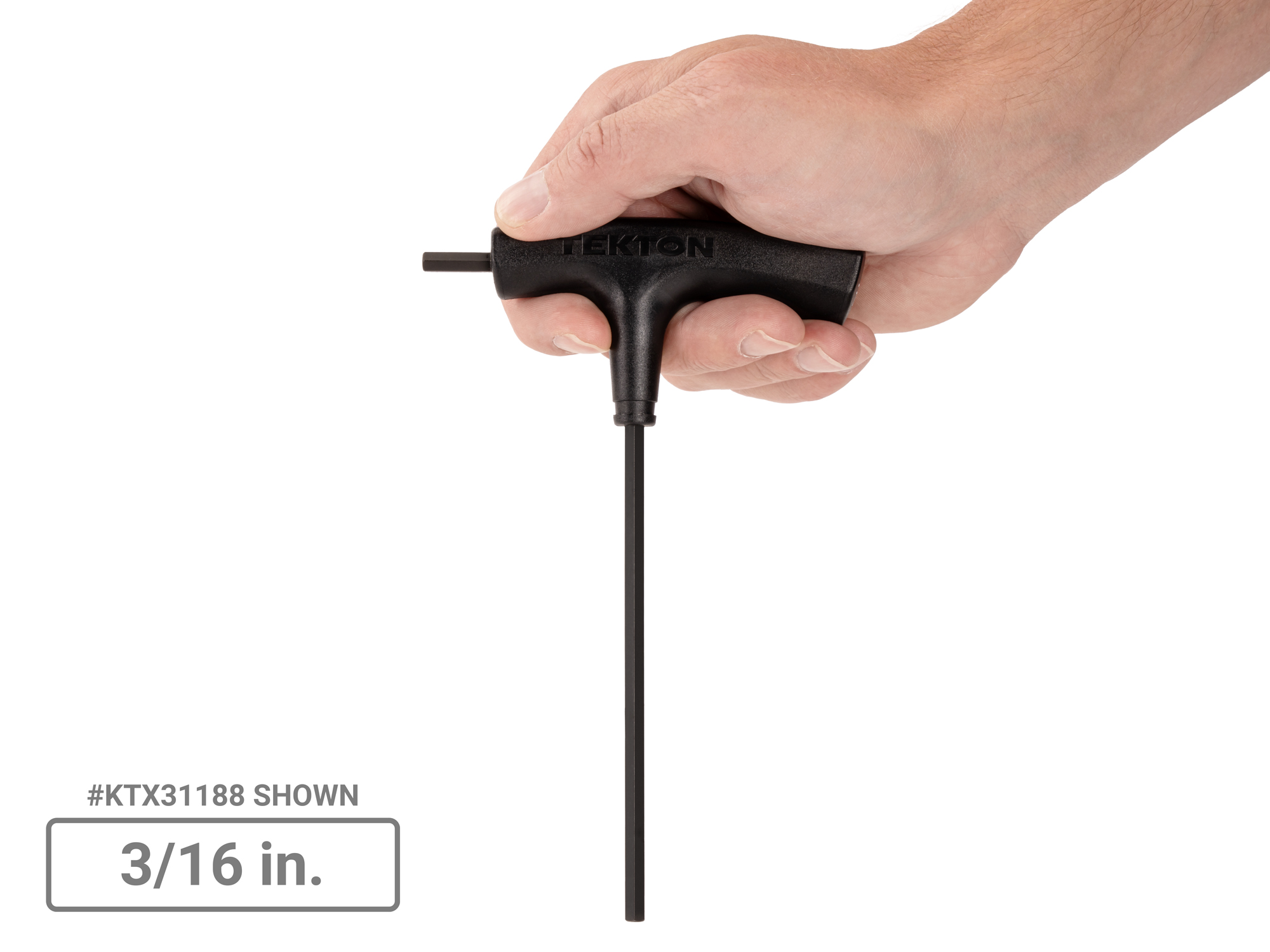 Size: 3/16 inch (SAE) flat end hex T-handle key. Has side drive to break fasteners loose and long arm to spin them out. Large, comfortable molded handle. KTX31188.