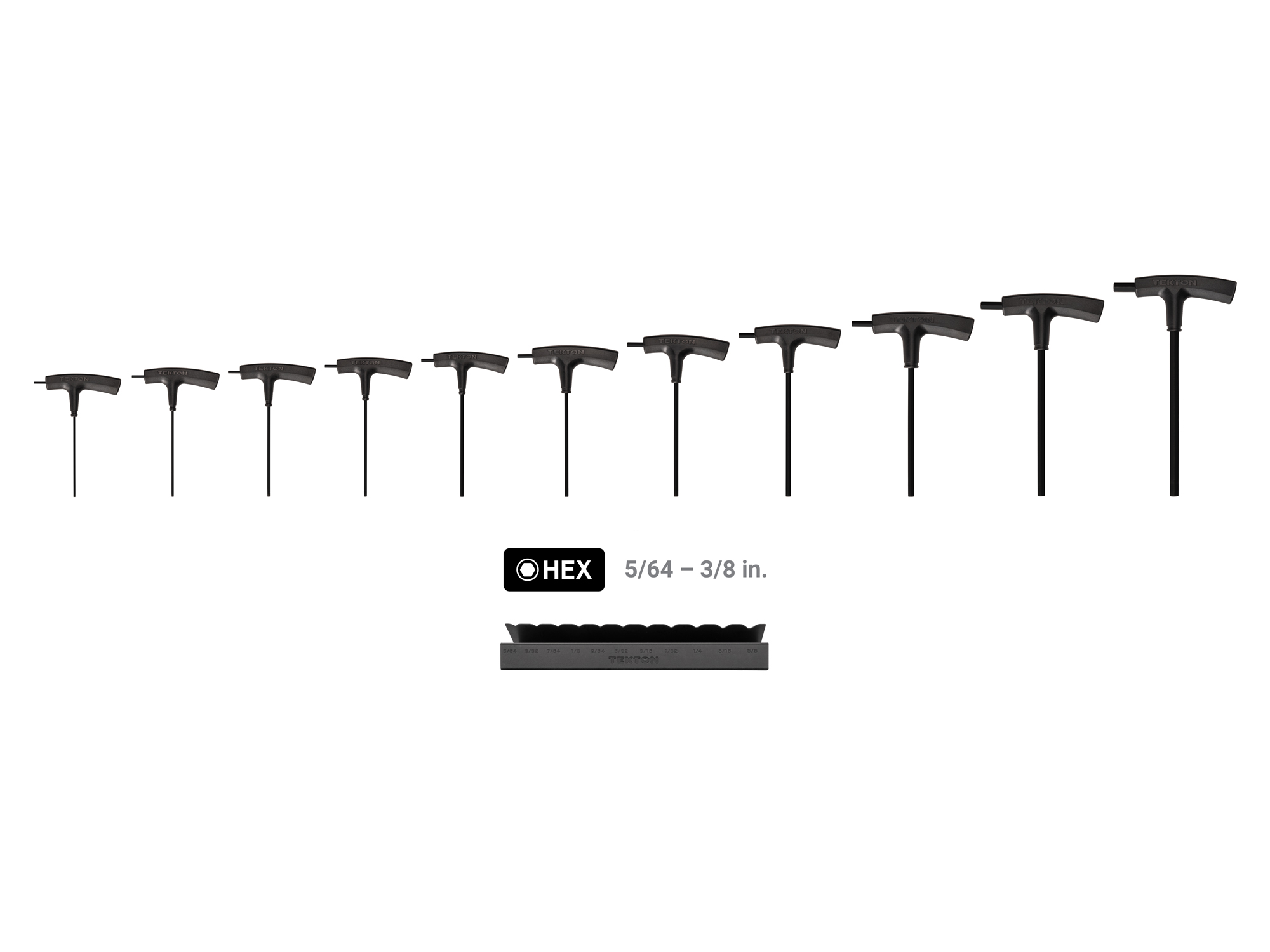 11-piece set includes 5/64–3/8 inch (SAE) flat end hex T-handle keys with short side-drive arm. Comes with custom metal stand. No skipped sizes. KTX92102.