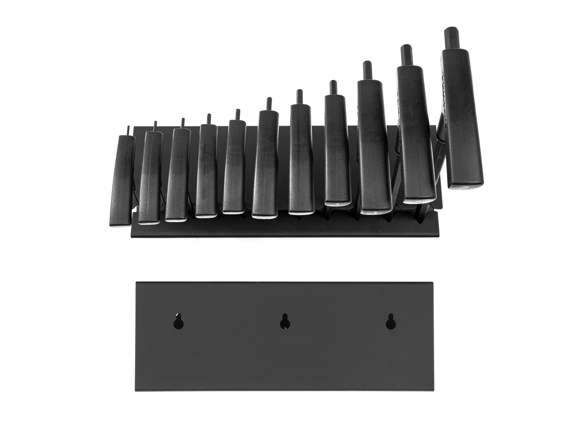 11-piece set includes 5/64–3/8 inch (SAE) flat end hex T-handle keys with short side-drive arm. Comes with custom metal stand. No skipped sizes. KTX92102.