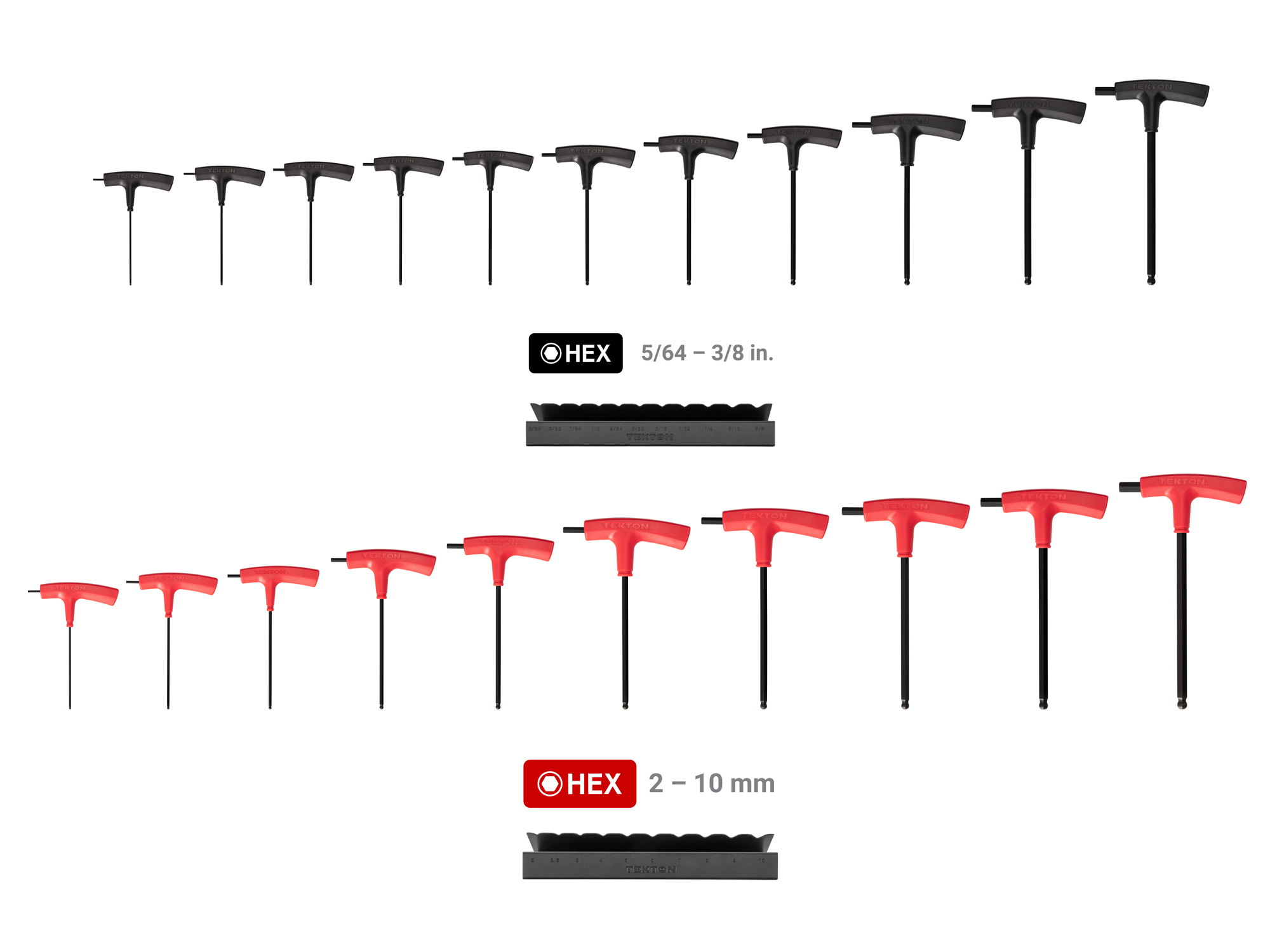 Set includes: 5/64-3/8 inch (SAE), 2-10 mm (metric) hex ball end T-handle keys with short side-drive arm. Comes with custom metal stand. No skipped sizes. KTX92301.