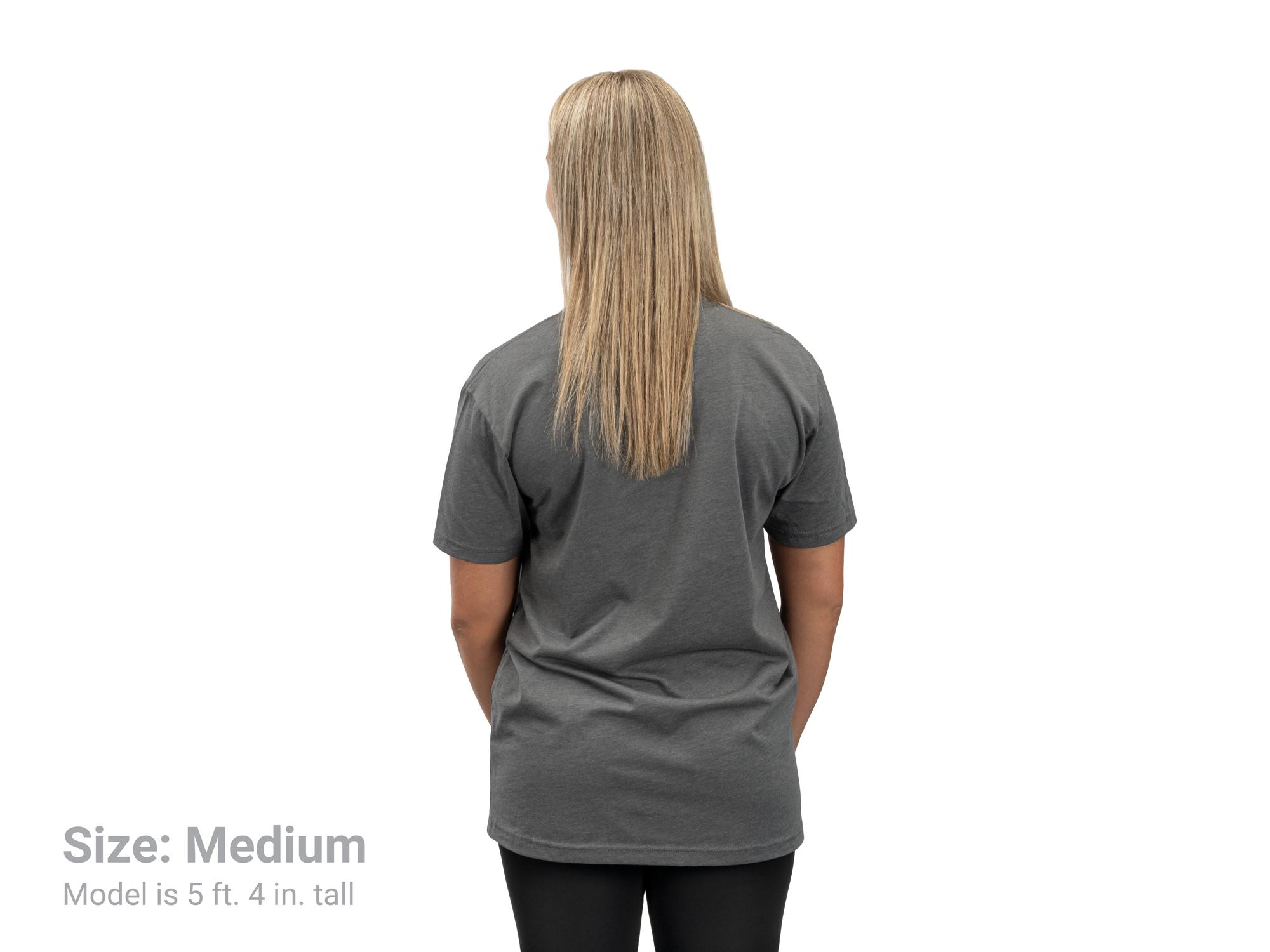 Back view of a woman wearing a heather-gray Tekton tee. Item #APG32031