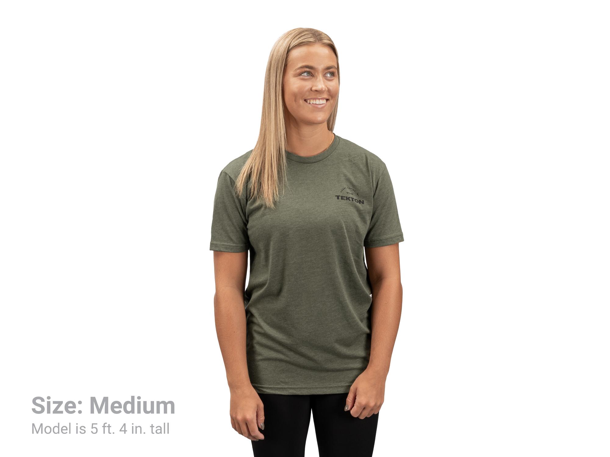 Front view of heather-green Tekton tee. Item #APG32036