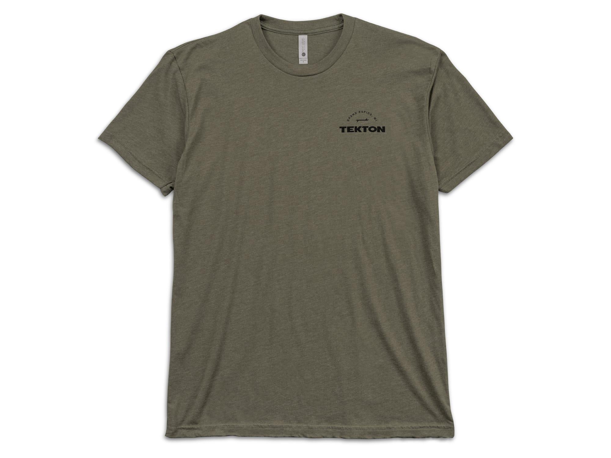 Front view of heather-green Tekton tee. Item #APG32037