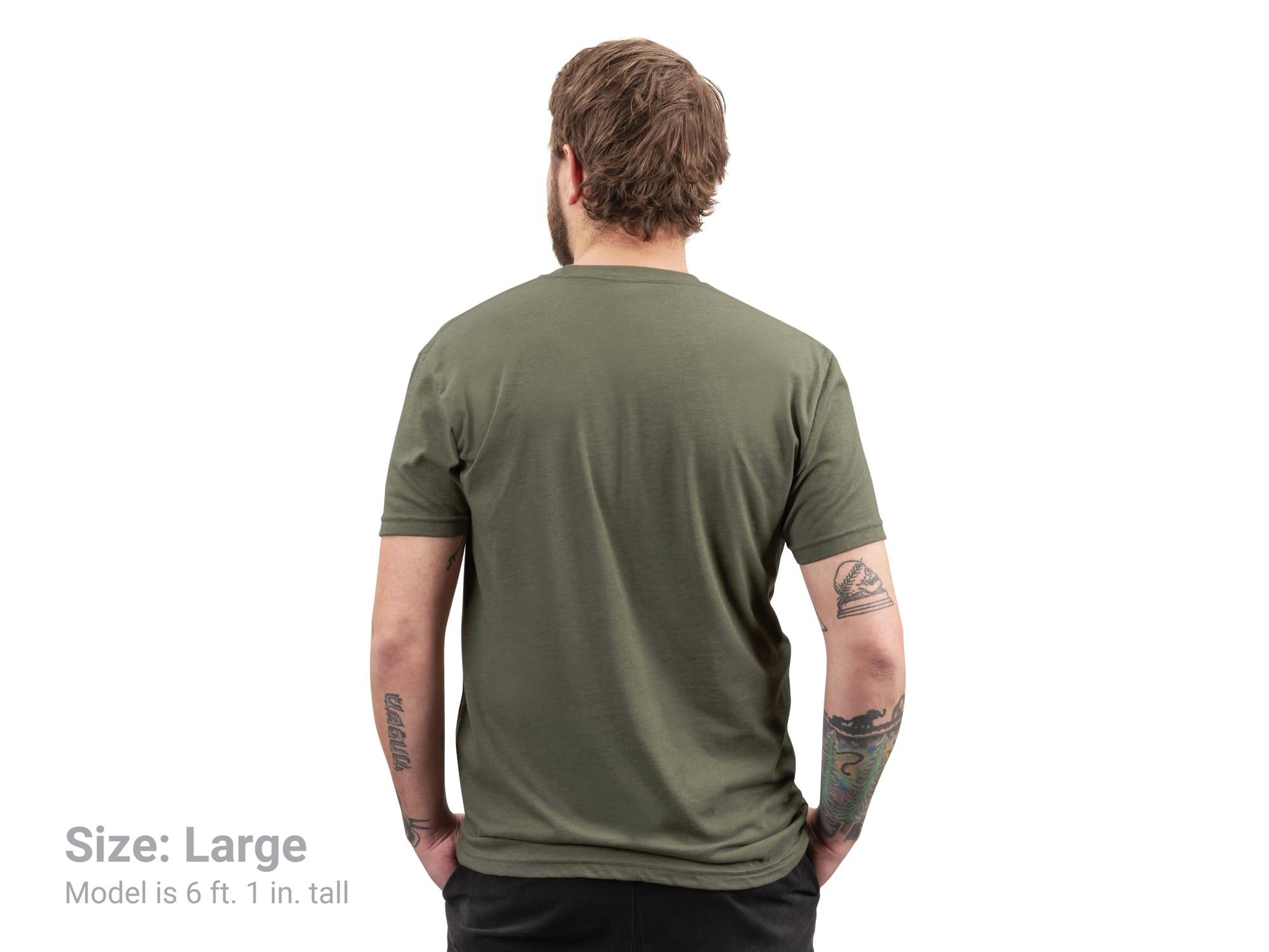 Back view of a man wearing a heather-green Tekton tee. Item #APG32037