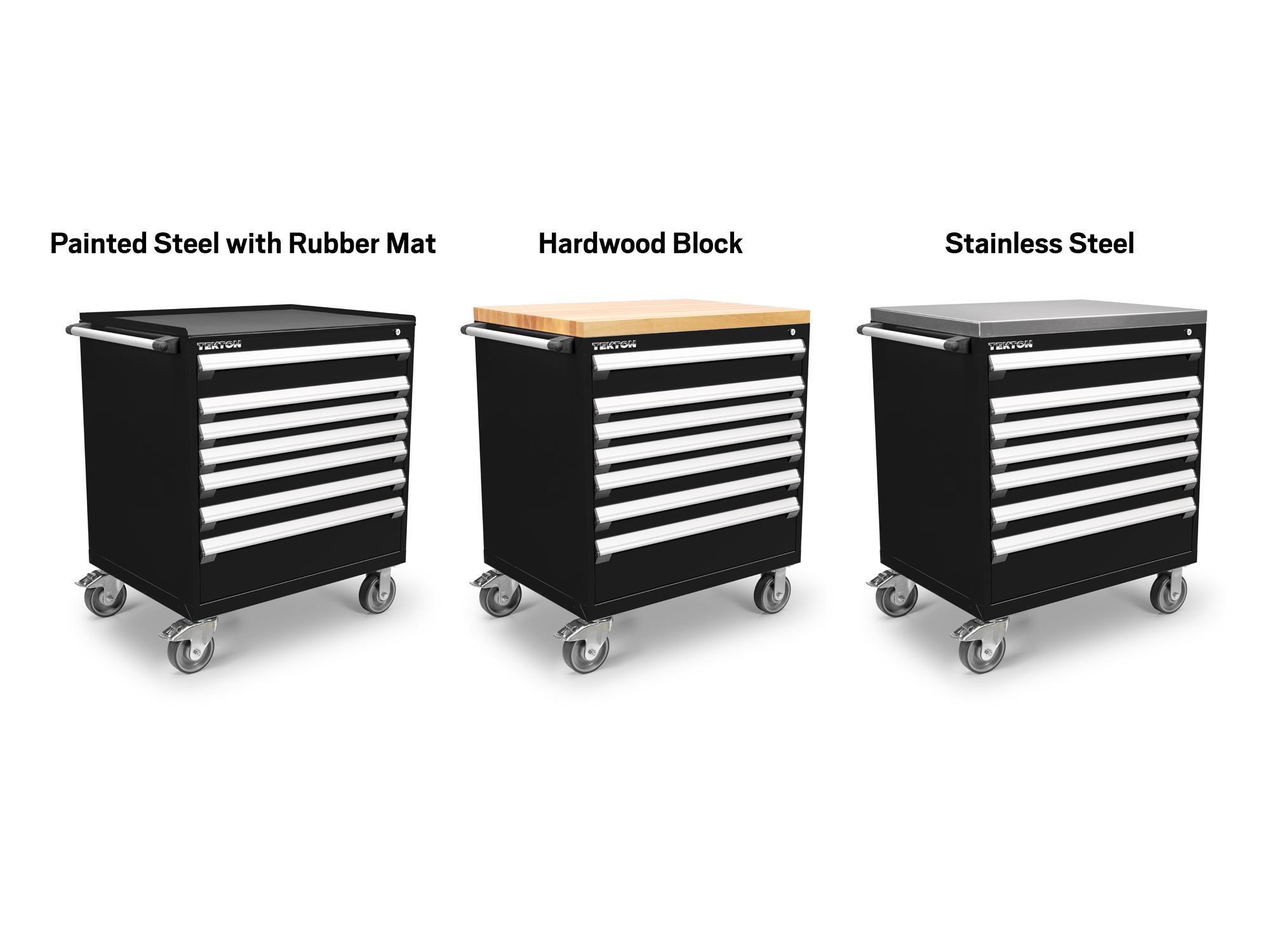 Tekton black tool only tool cabinet shown with three different top options. Item #OCL33100