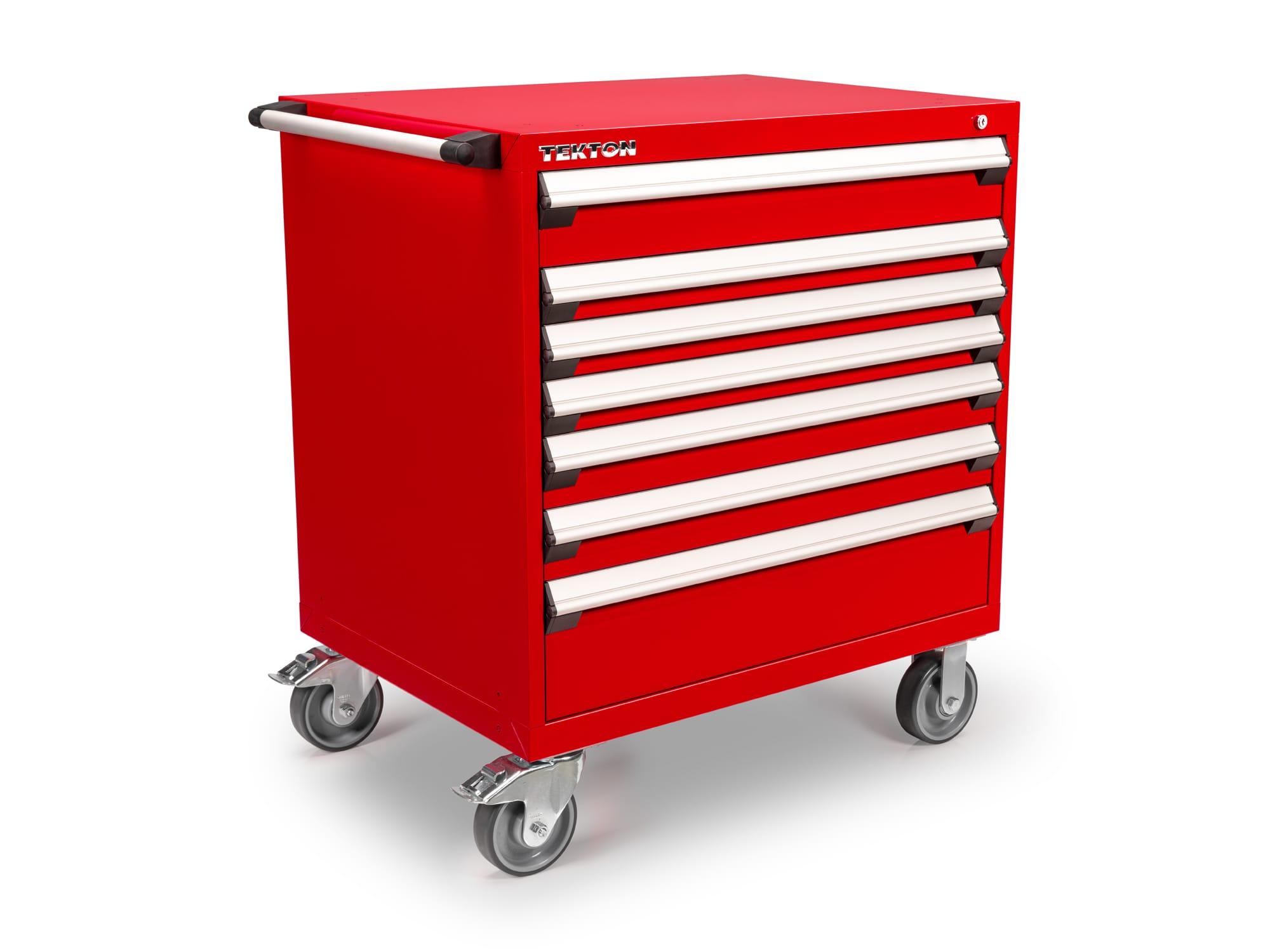 Front-right angle view of red Tekton tool cabinet. Item #OCL33200