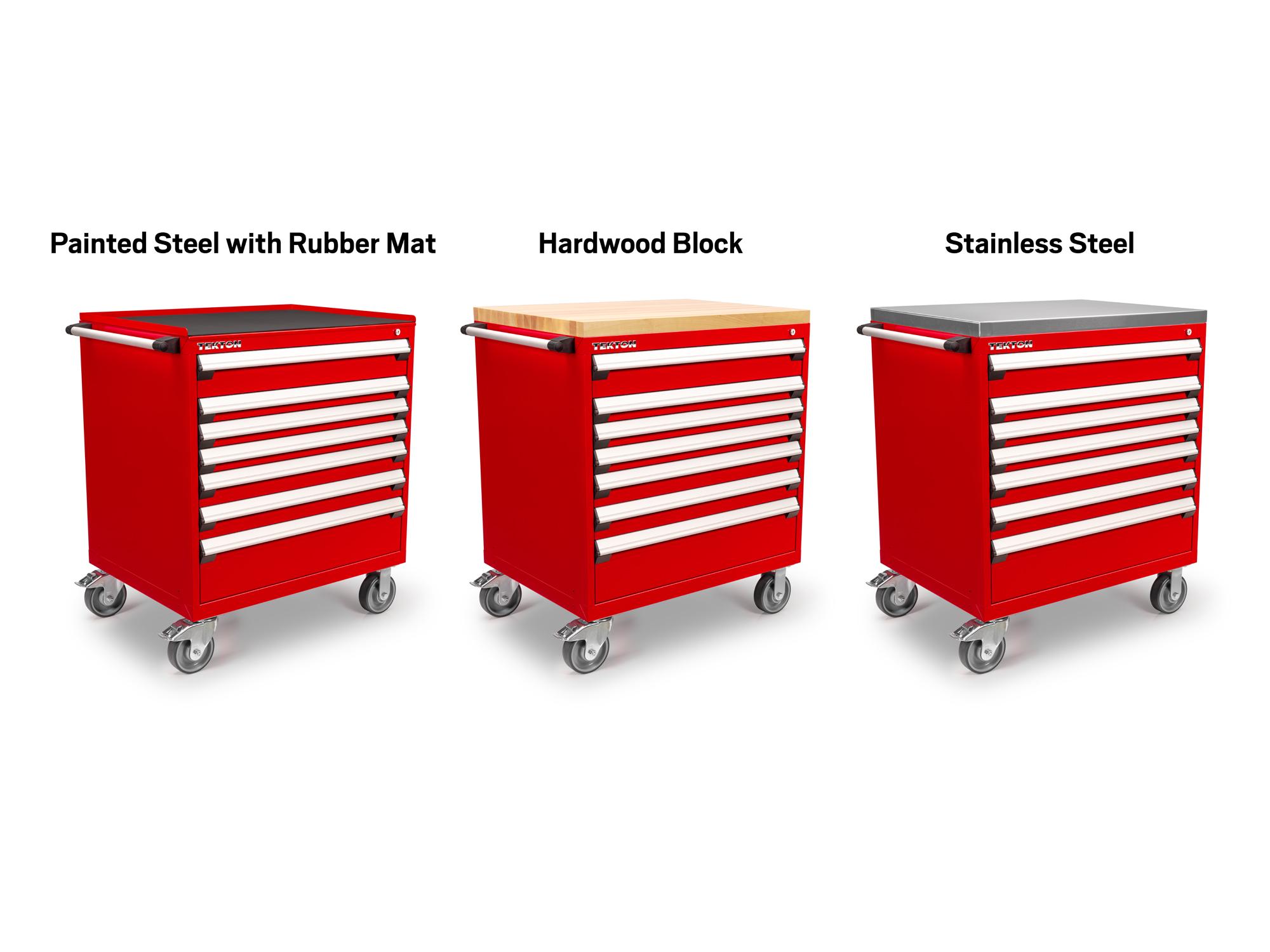 Tekton red tool only tool cabinet shown with three different top options. Item #OCL33200