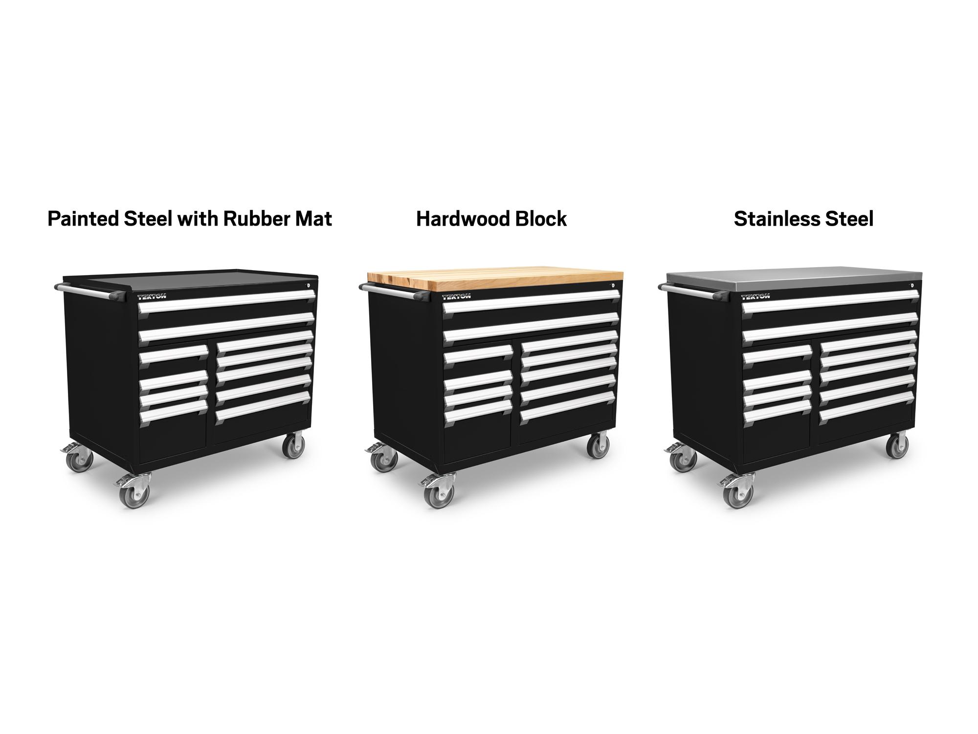 Tekton black tool only tool cabinet shown with three different top options. Item #OCL43102