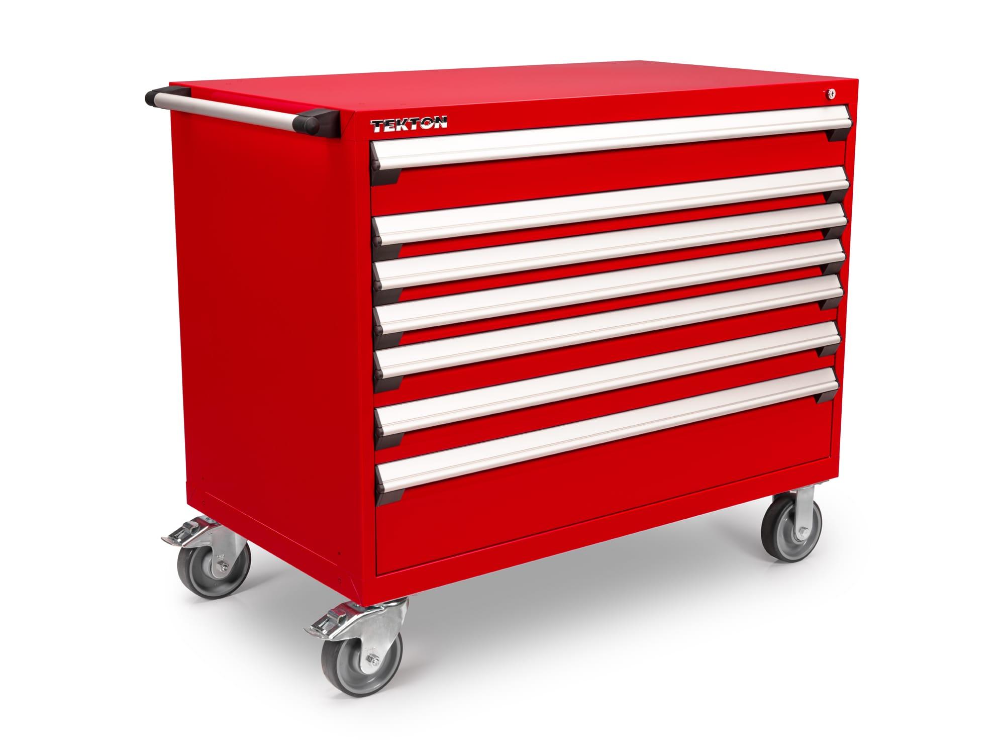Front-right angle view of red Tekton tool cabinet. Item #OCL43200