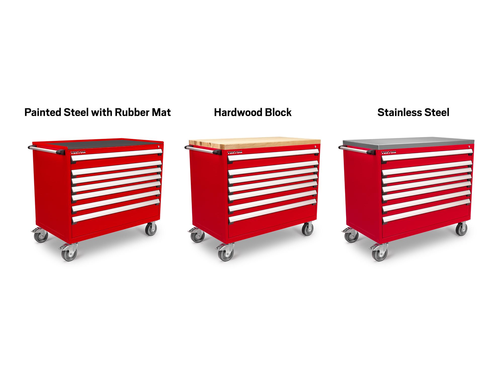 Tekton red tool only tool cabinet shown with three different top options. Item #OCL43200